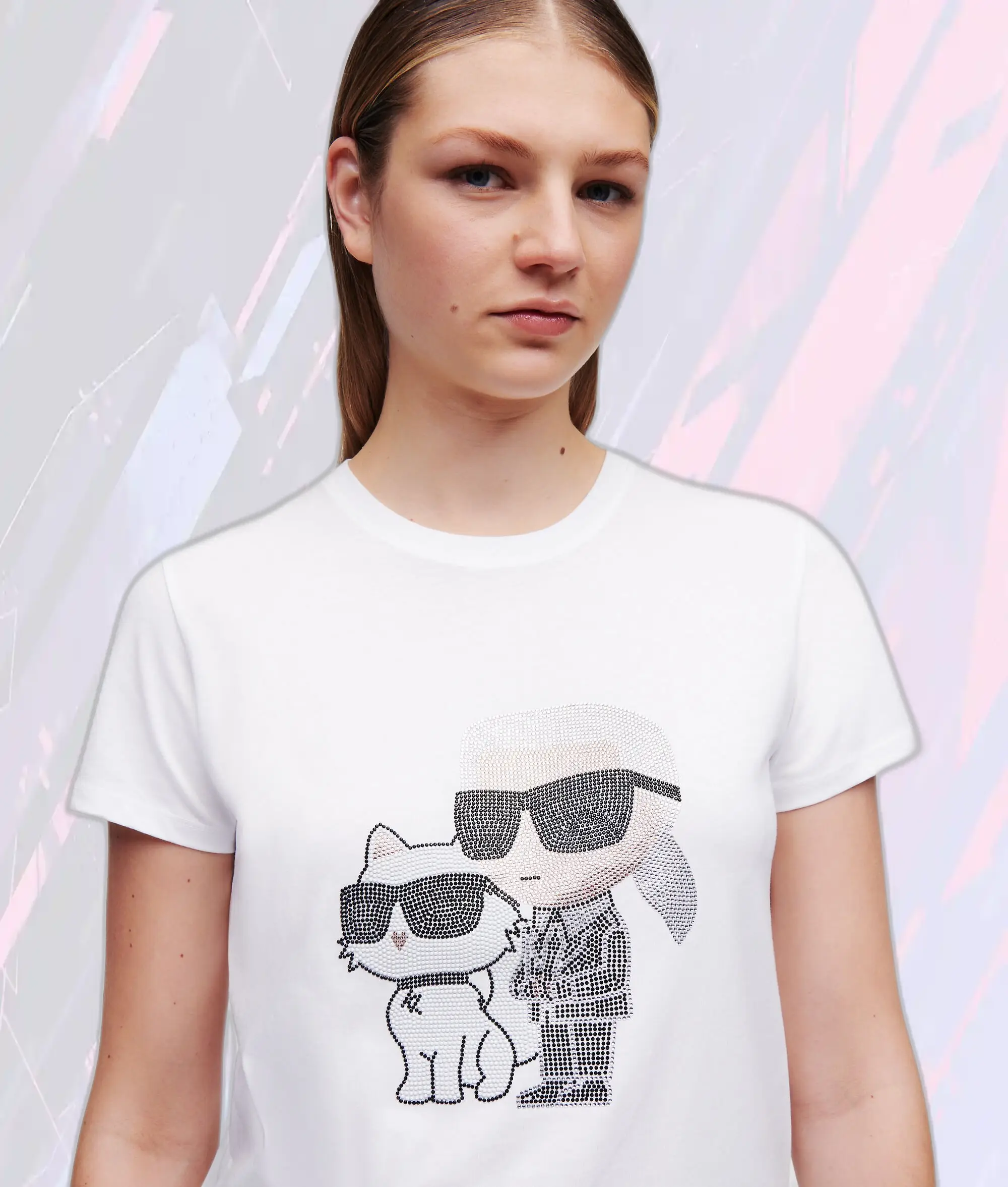 T-Shirt Signature Karl Lagerfeld - Blanc Éclatant avec Strass, Édition Spéciale Choupette - Collection Iconique