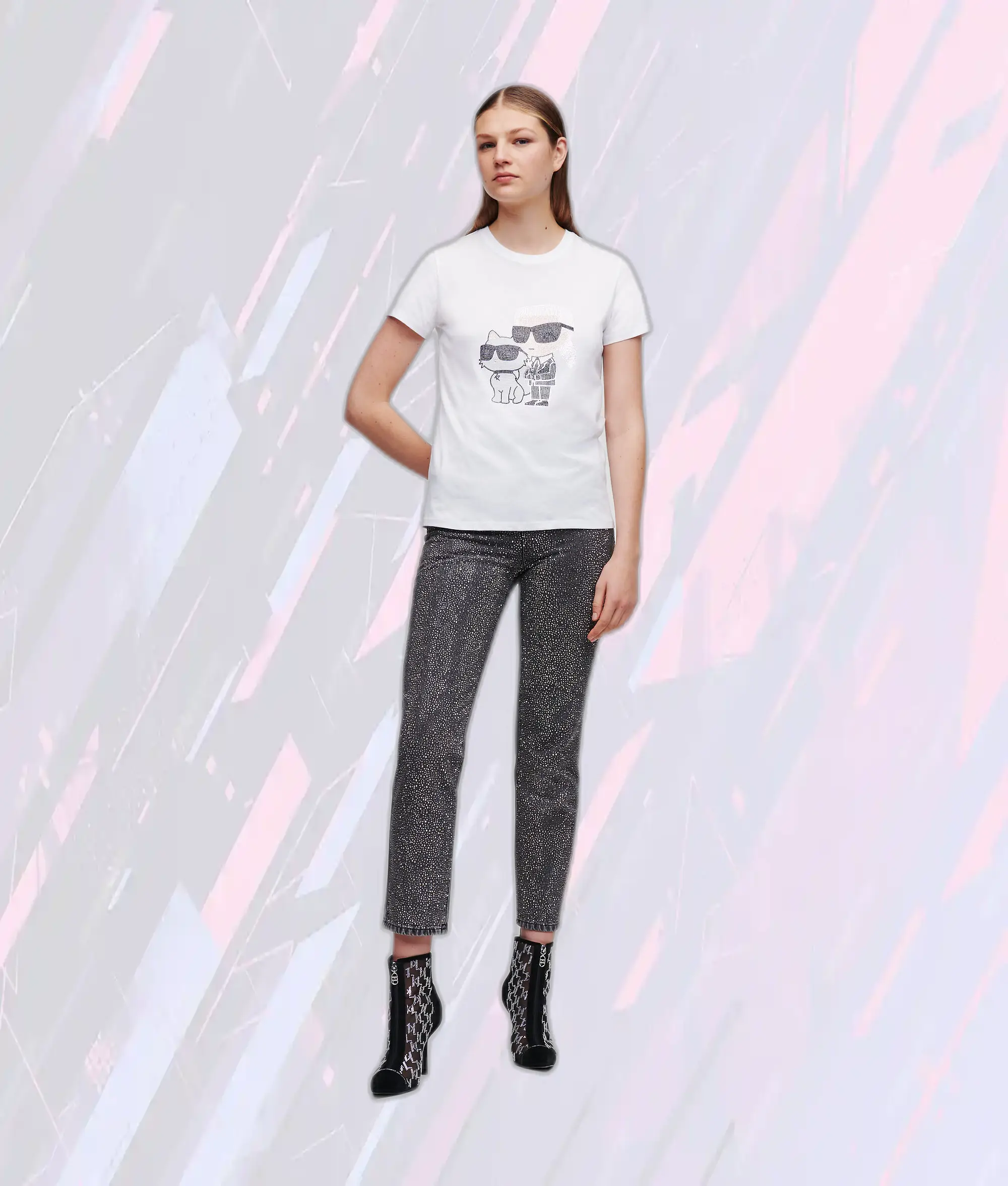 T-Shirt Signature Karl Lagerfeld - Blanc Éclatant avec Strass, Édition Spéciale Choupette - Collection Iconique