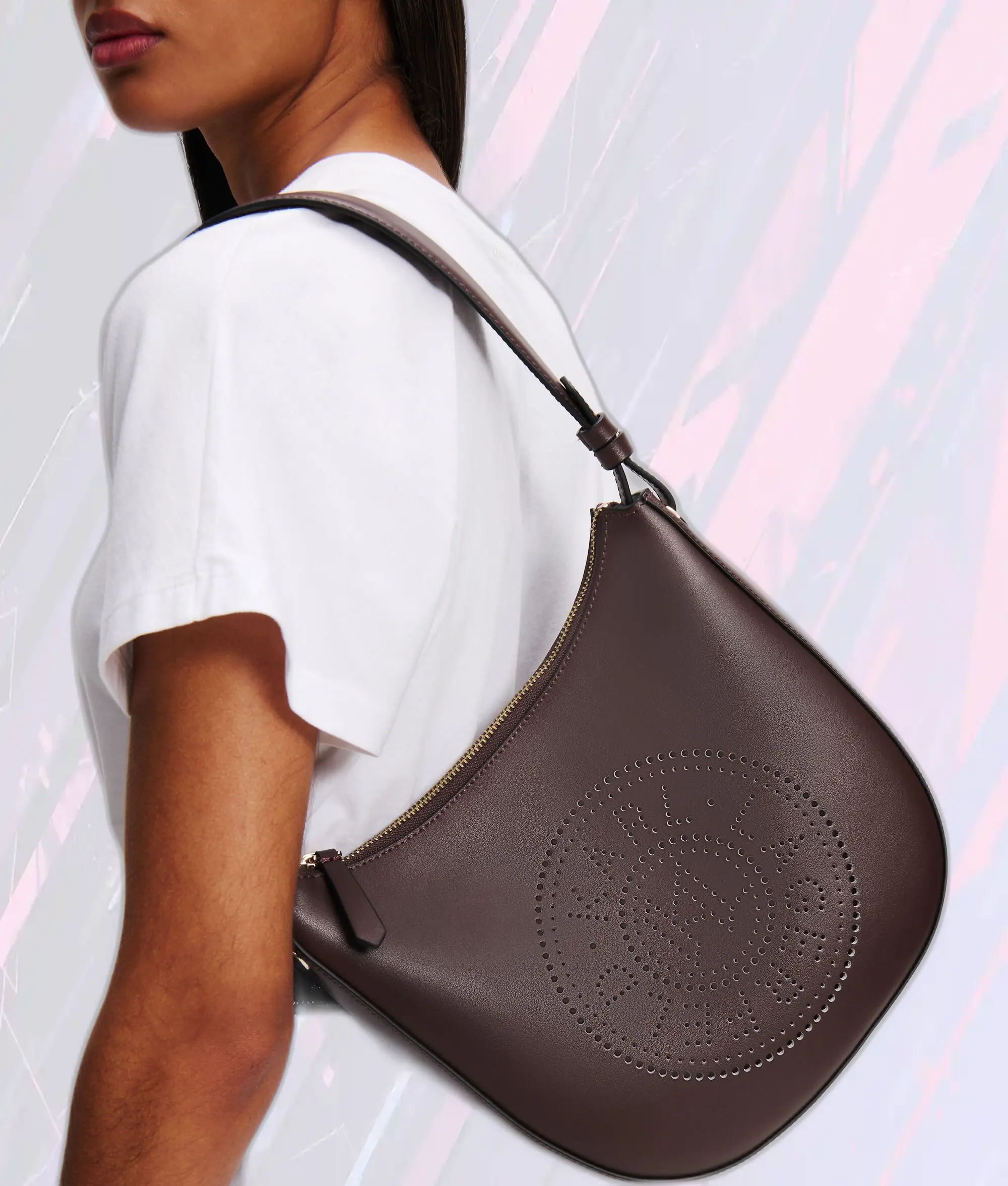 Karl Lagerfeld Sac Bandoulière en Cuir Perforé Motif Lune avec Logo K Cerclé - Brun Chocolat
