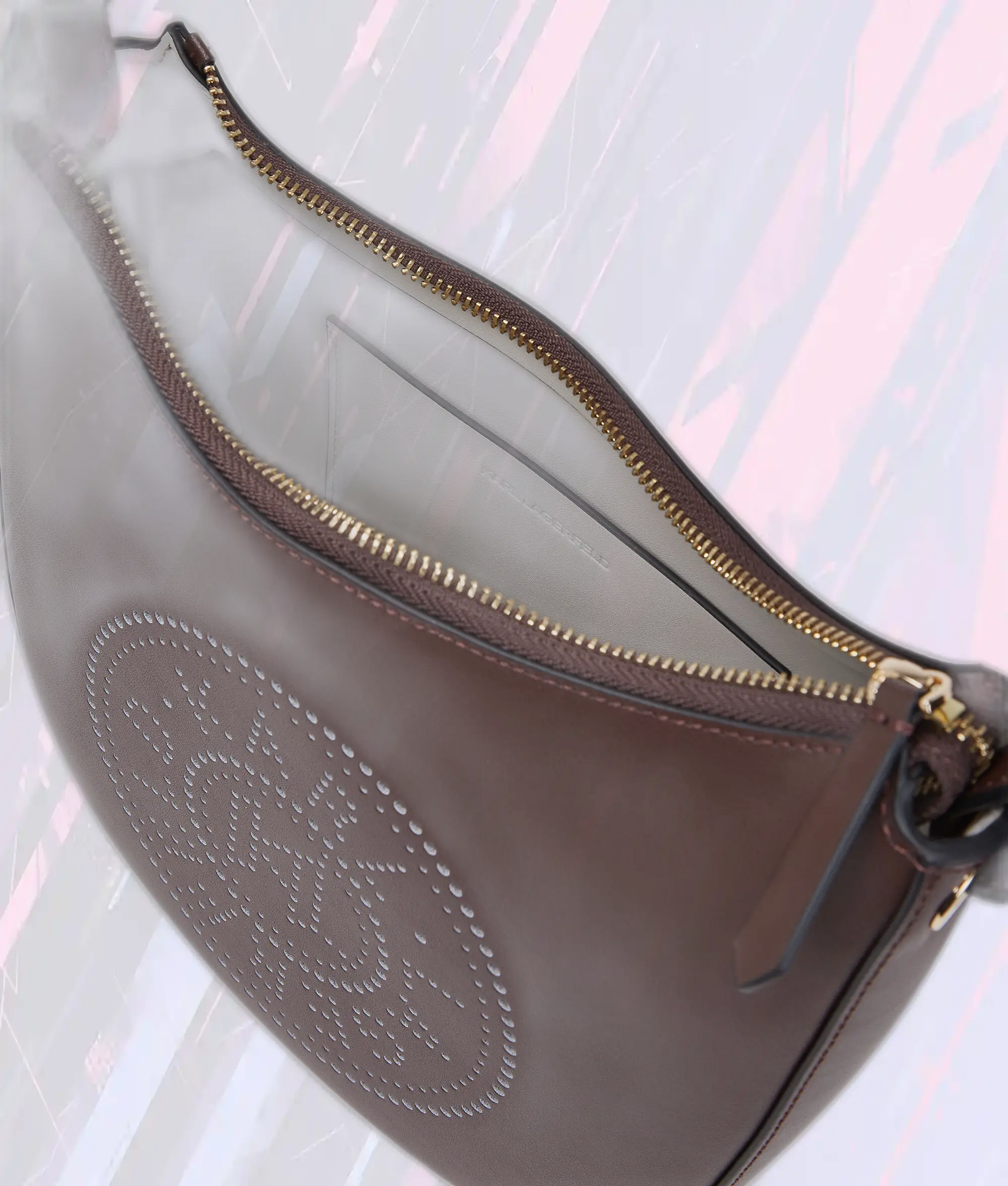 Karl Lagerfeld Sac Bandoulière en Cuir Perforé Motif Lune avec Logo K Cerclé - Brun Chocolat