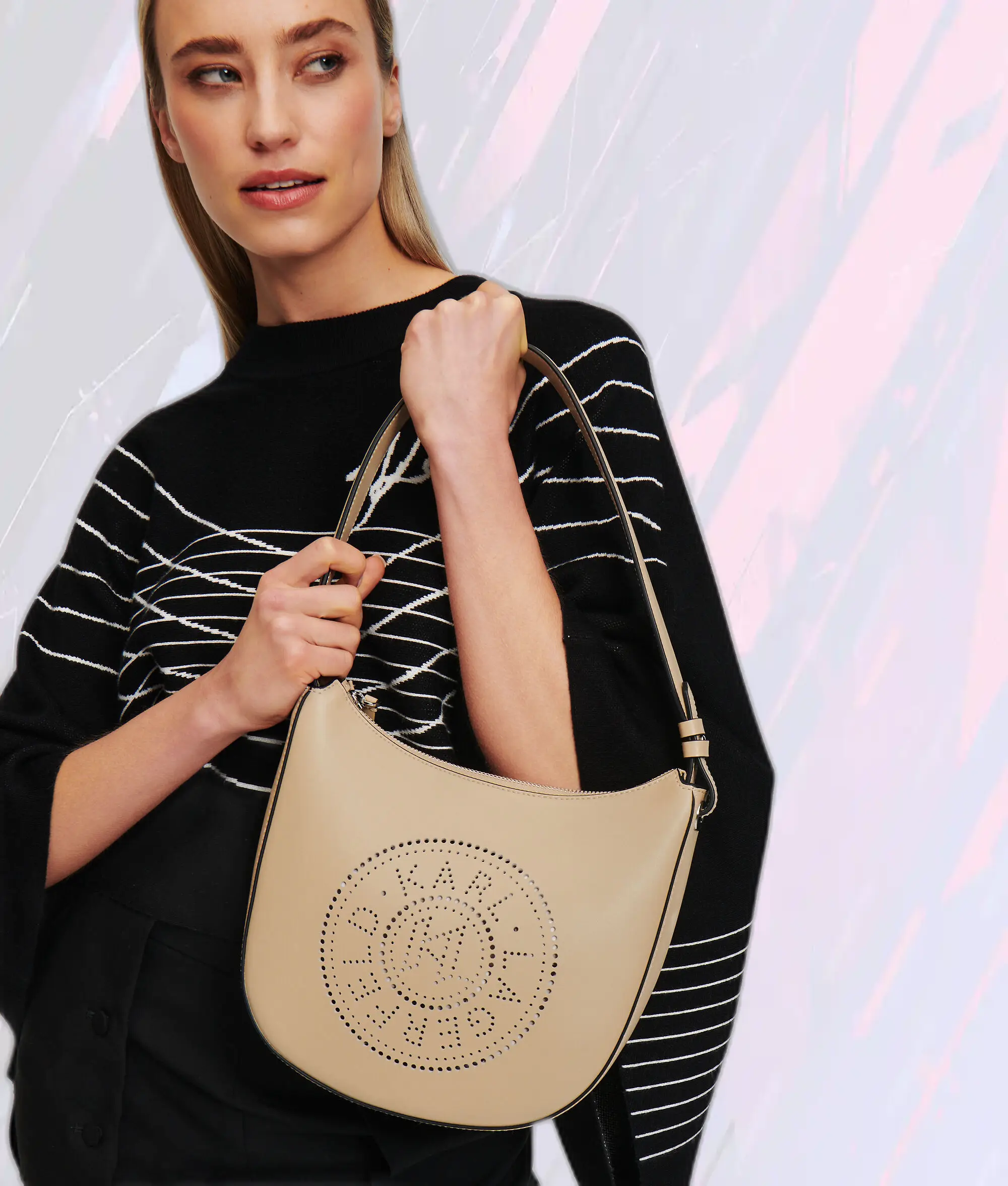 Karl Lagerfeld Sac Bandoulière Lunaire en Cuir Perforé - Motif Cercle Sable Doré