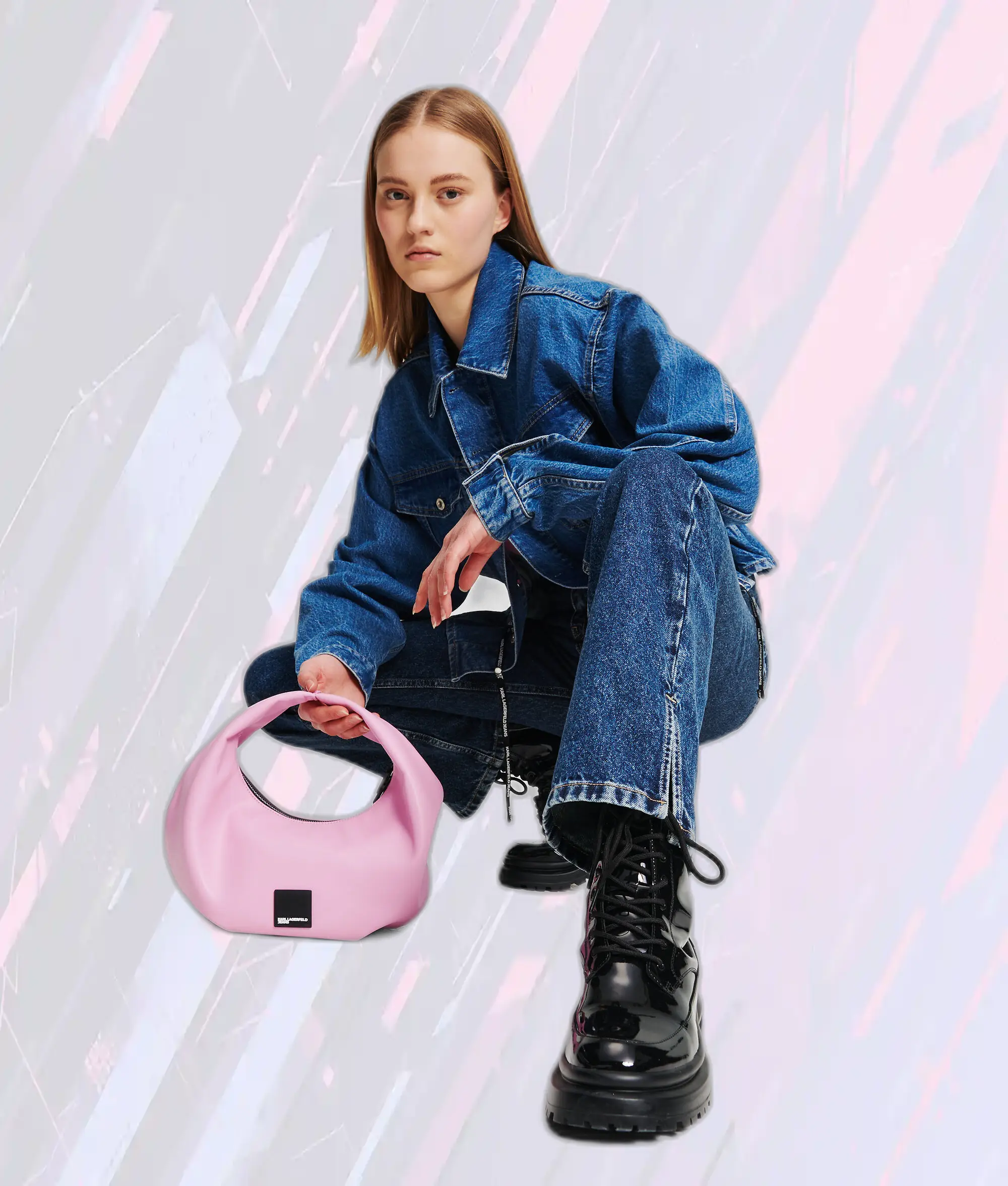 Jean droit taille haute Karl Lagerfeld - Bleu pierre lavé avec ourlet déchiré KLJ