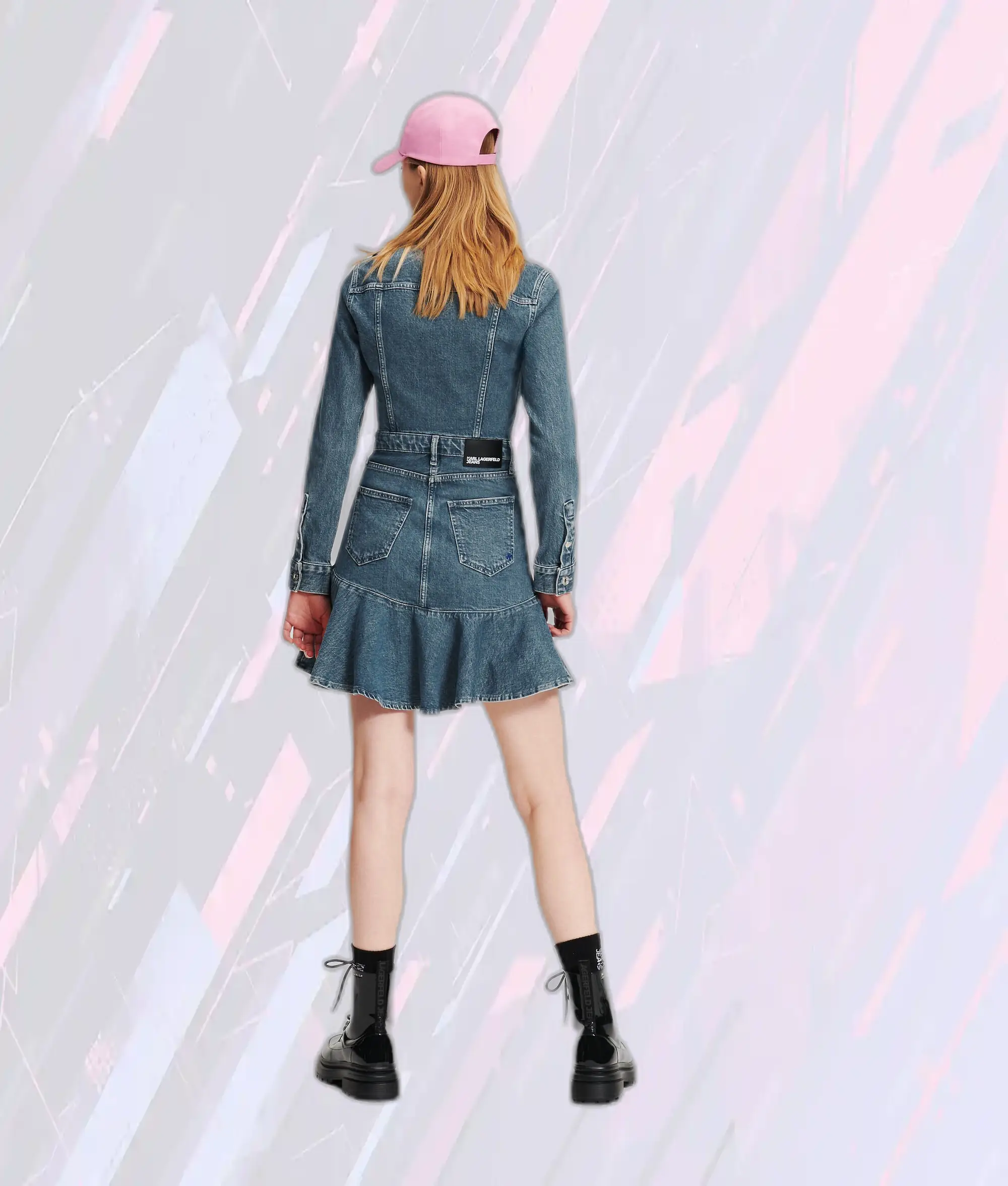 Karl Lagerfeld Robe en Jean Élégante Bleu Clair Nuancé avec Ourlet Volanté - Modèle KLJ