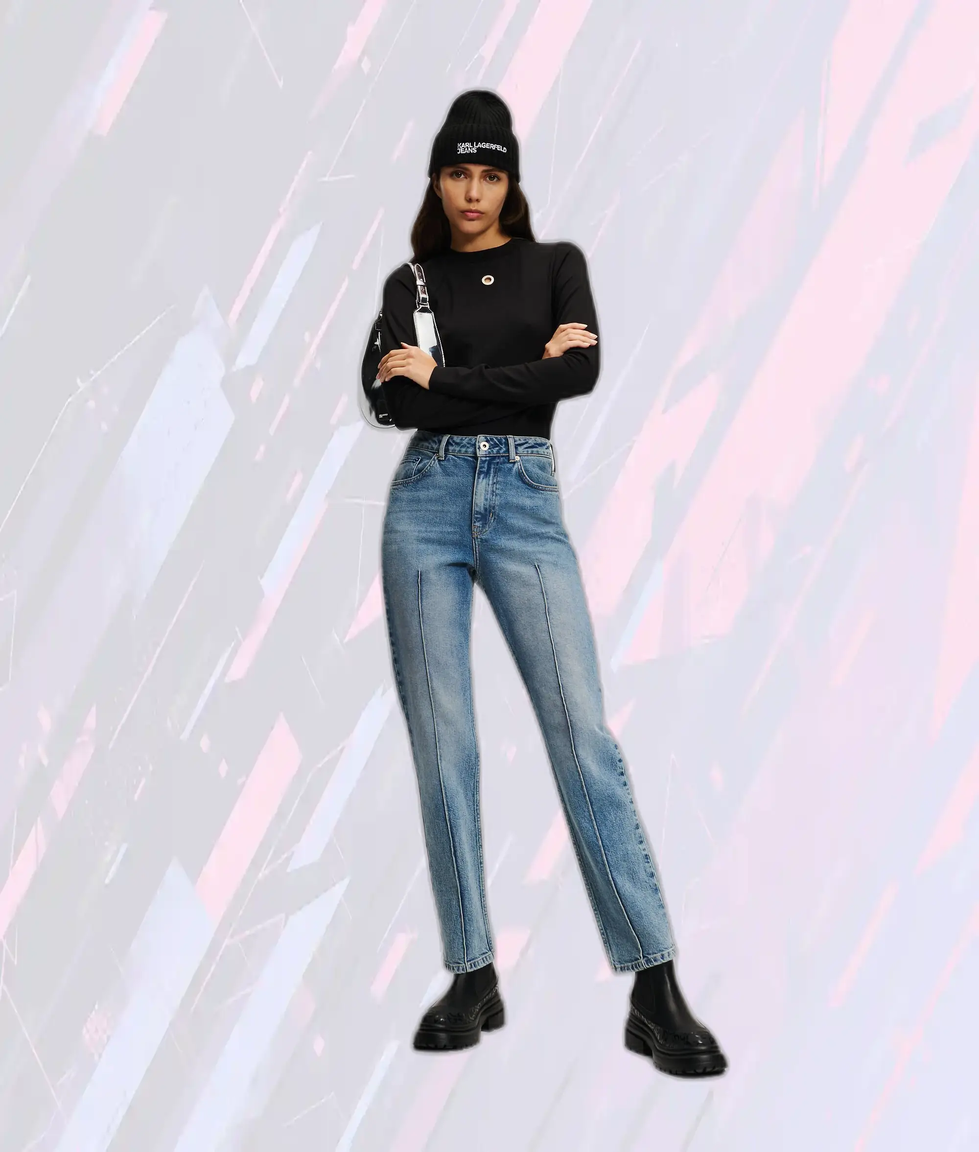 Karl Lagerfeld Jean Élégant Taille Haute Coupe Fuselée - Bleu Moyen Délavé Effet Vintage