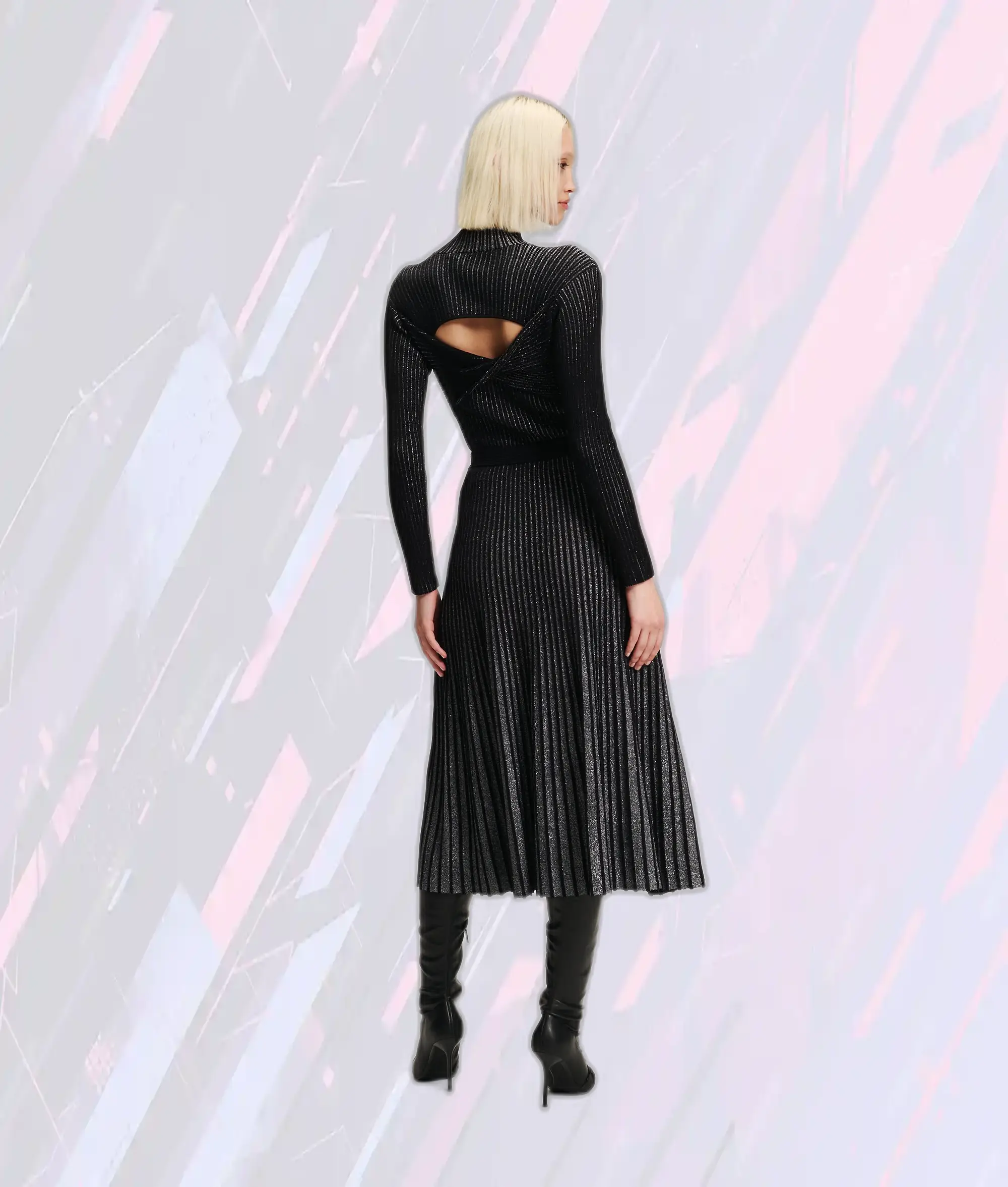 Karl Lagerfeld - Jupe Midi à Plis Souples Noir et Argent - Reflets Métallisés - Style Intemporel