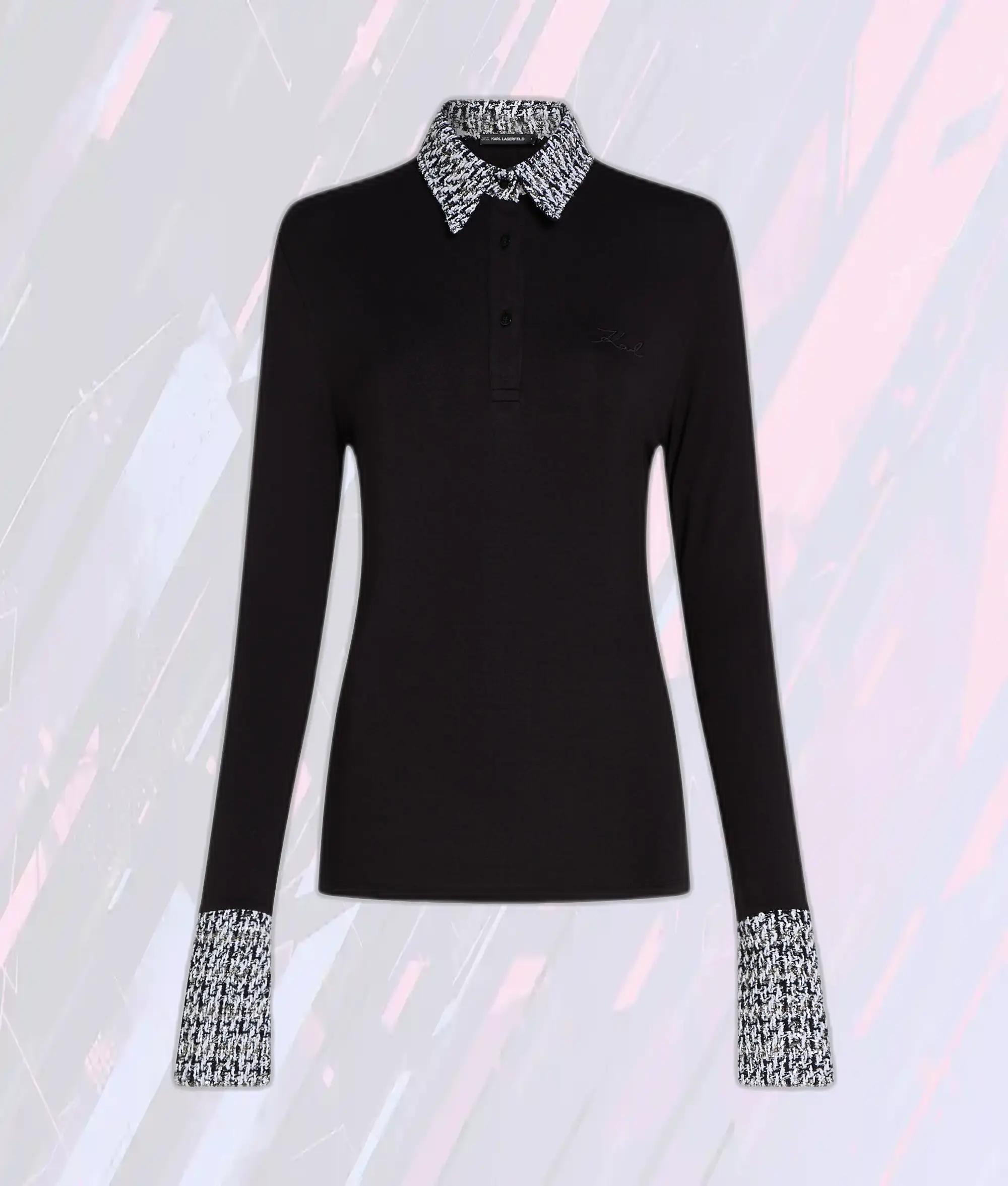 Polo Élégant en Tissu Bouclé Noir à Manches Longues par Karl Lagerfeld