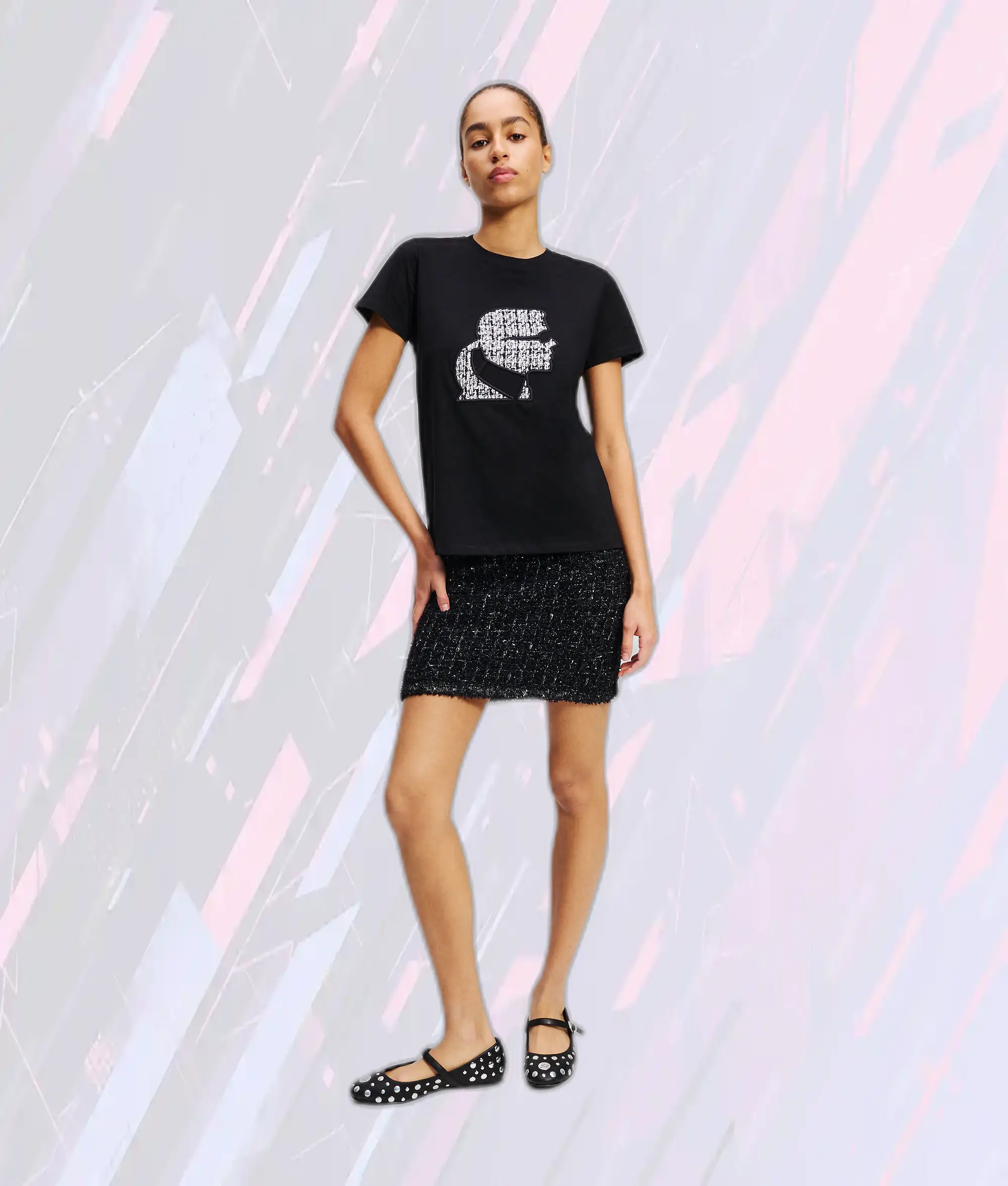 T-Shirt Noir en Bouclé Karl Lagerfeld avec Broderie Signature Karl Kameo