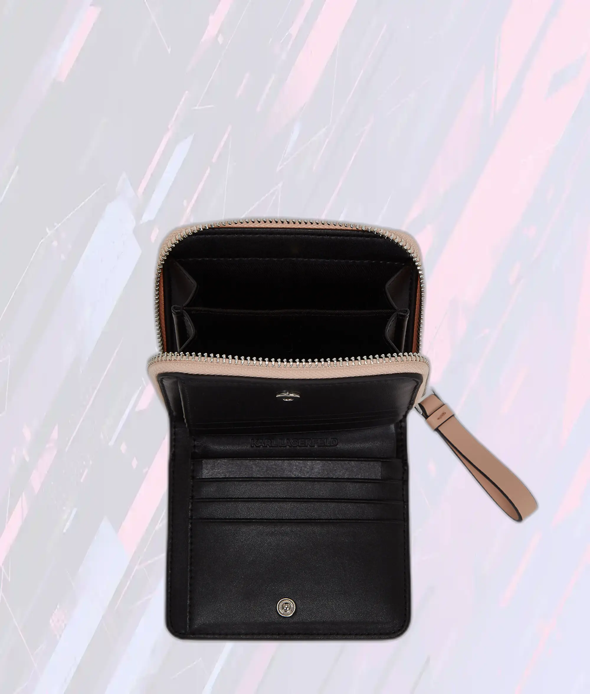 Portefeuille Double Pliant Karl Lagerfeld - Motif Cerclé K et Teinte Rosé Antique - Modèle Medium en Cuir Souple - Édition Exclusive