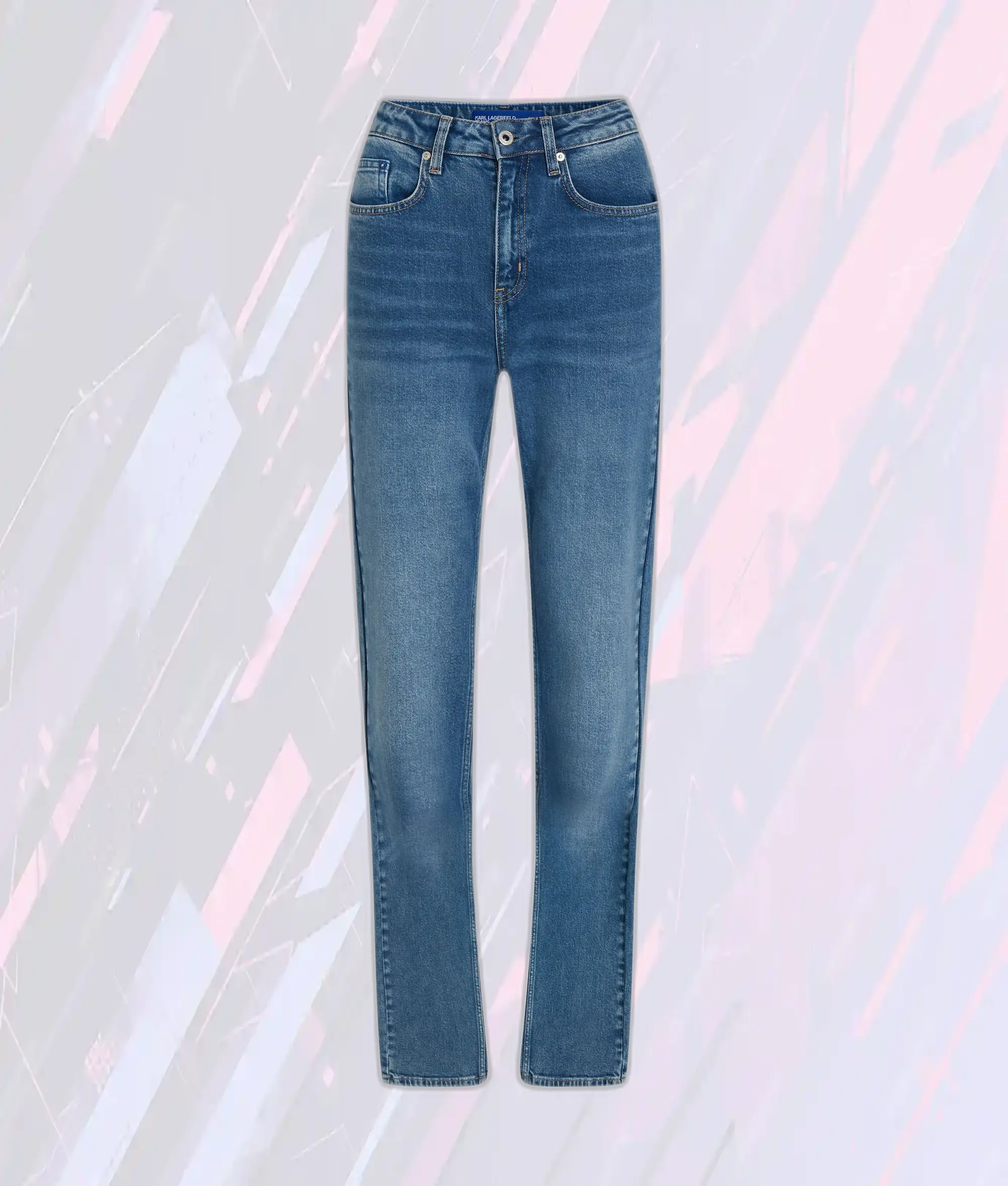 Karl Lagerfeld Jean Taille Haute Délavé Bleu Dénim Coupe Droite Effet Usé Moderne