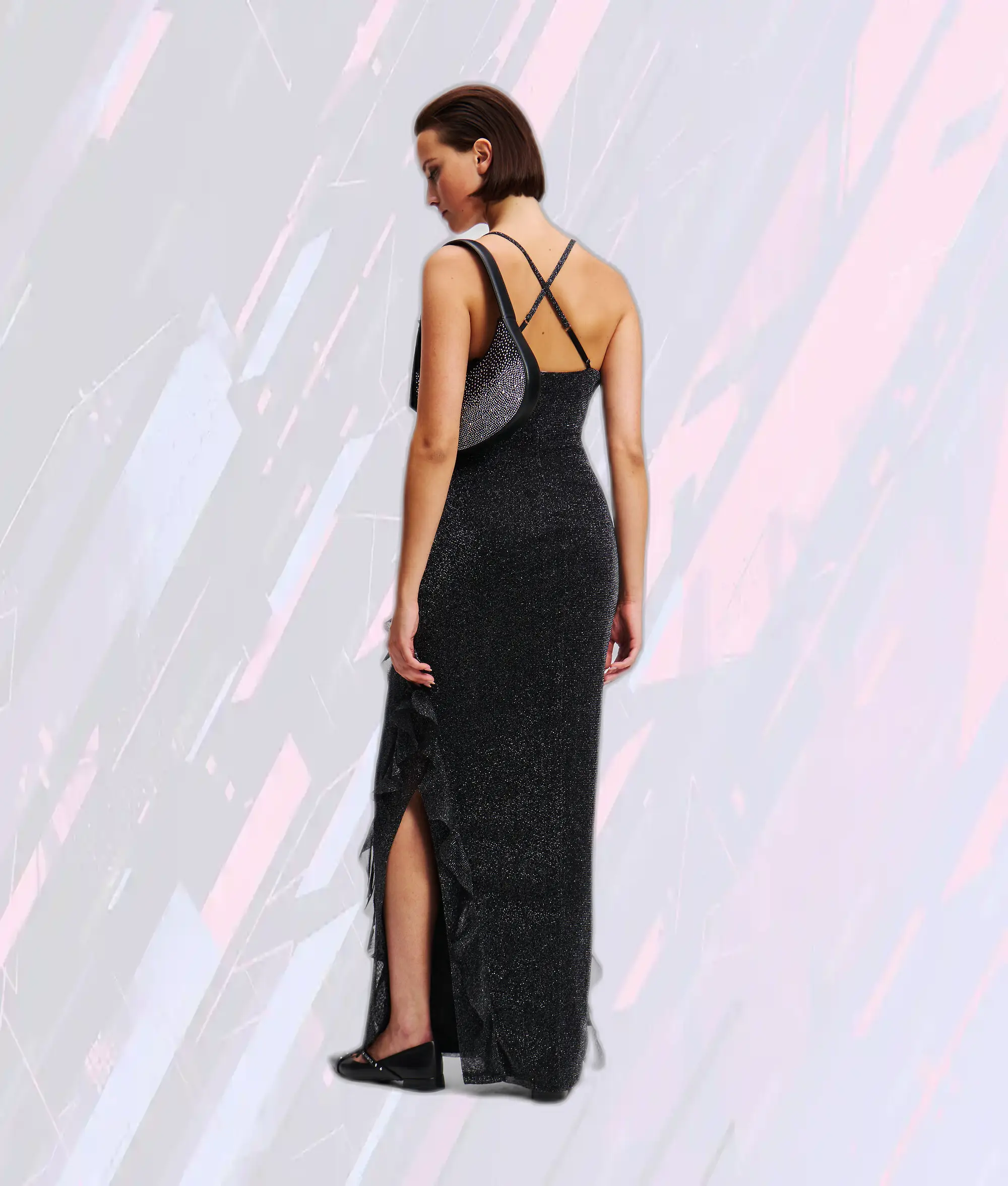 Robe Élégante à Volants Métallisés Gunmetal - Création Karl Lagerfeld