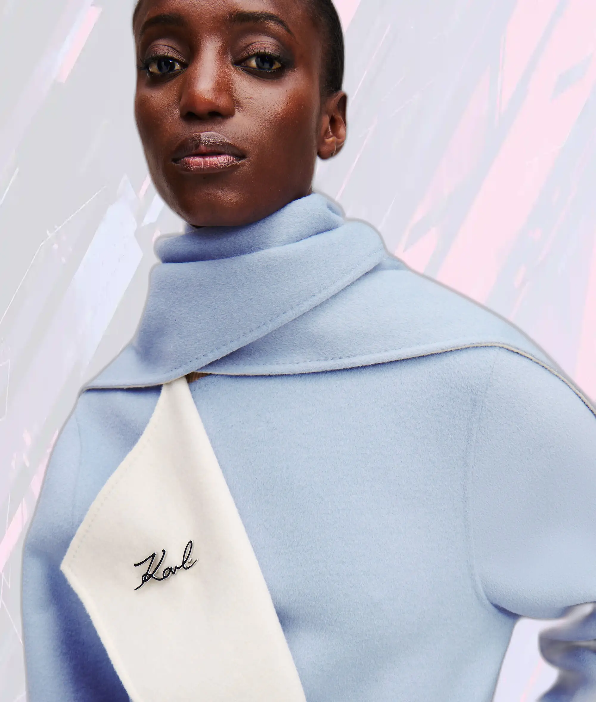 Karl Lagerfeld - Manteau Réversible en Laine d'Exception Bleu Ciel & Blanc Pur