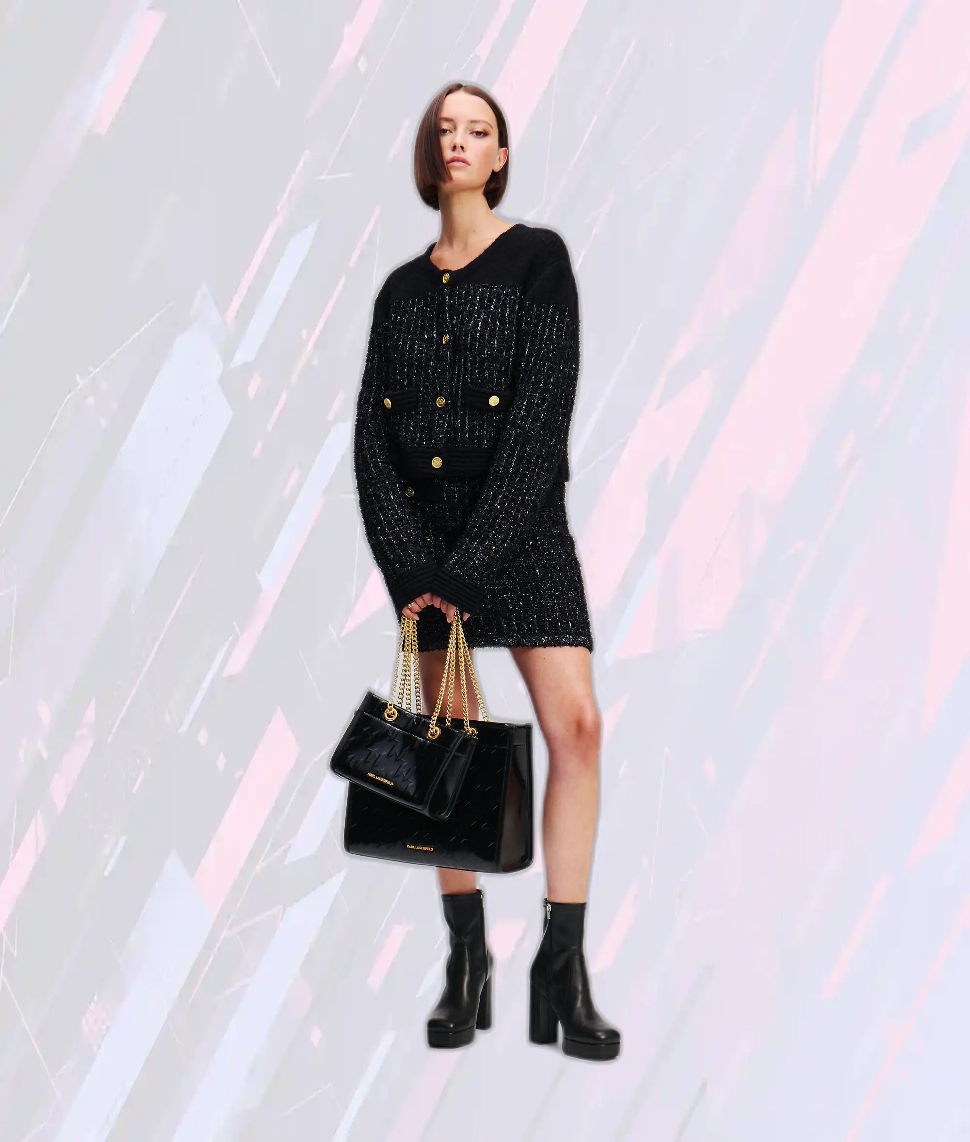 Cardigan Iconique Karl Lagerfeld en Maille Bouclé Noir - Pièce Indispensable de la Collection