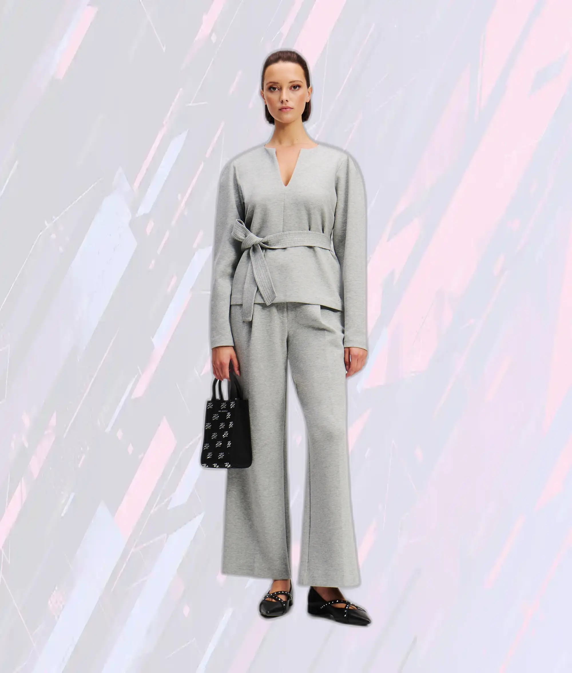 Pull Molletonné Col en V Karl Lagerfeld - Jersey Double Épaisseur Gris Nuancé Mélangé