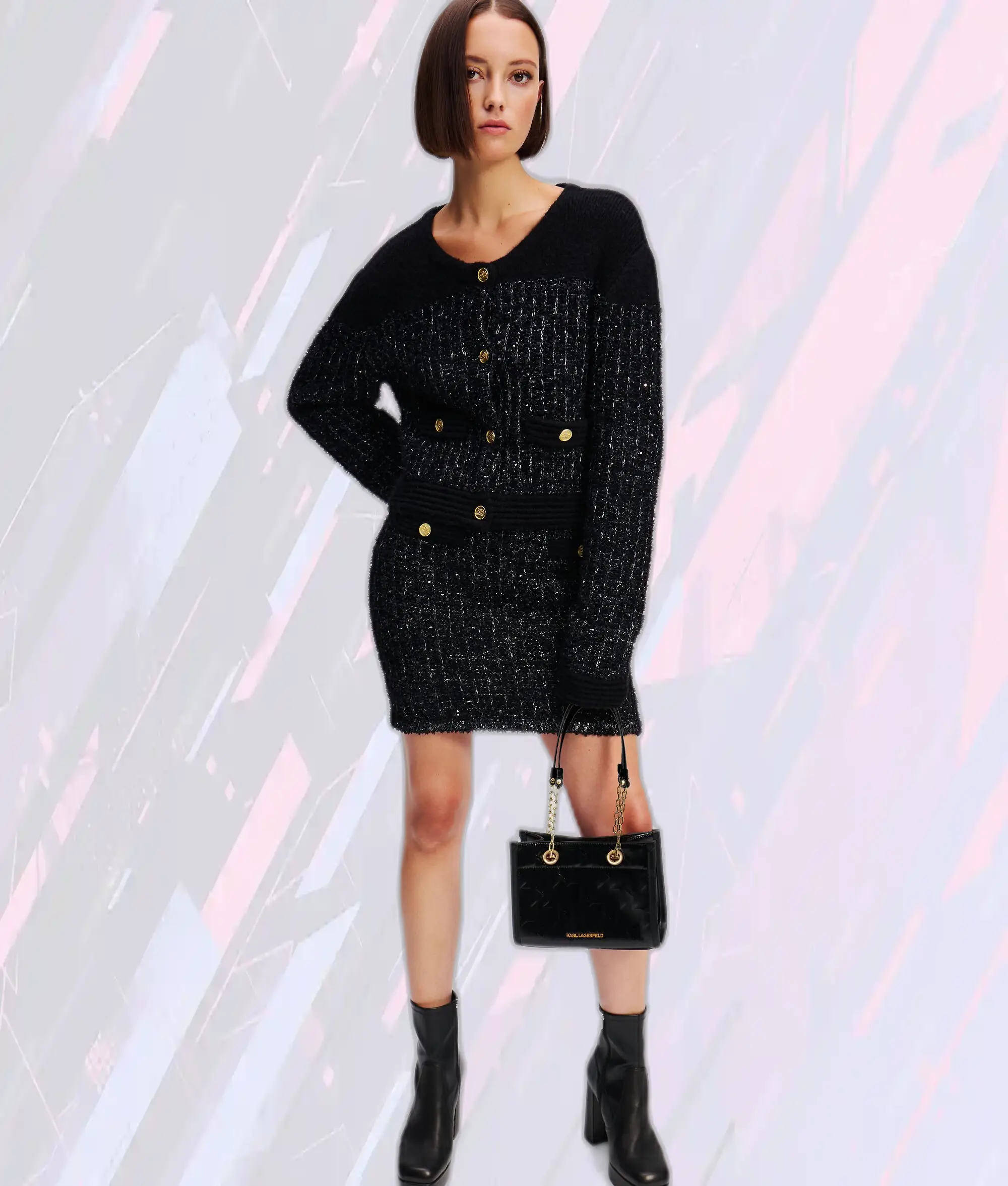 Karl Lagerfeld Sac Bandoulière Élégant Noir Brillant - Modèle Carré K en Cuir Souple Taille Compacte