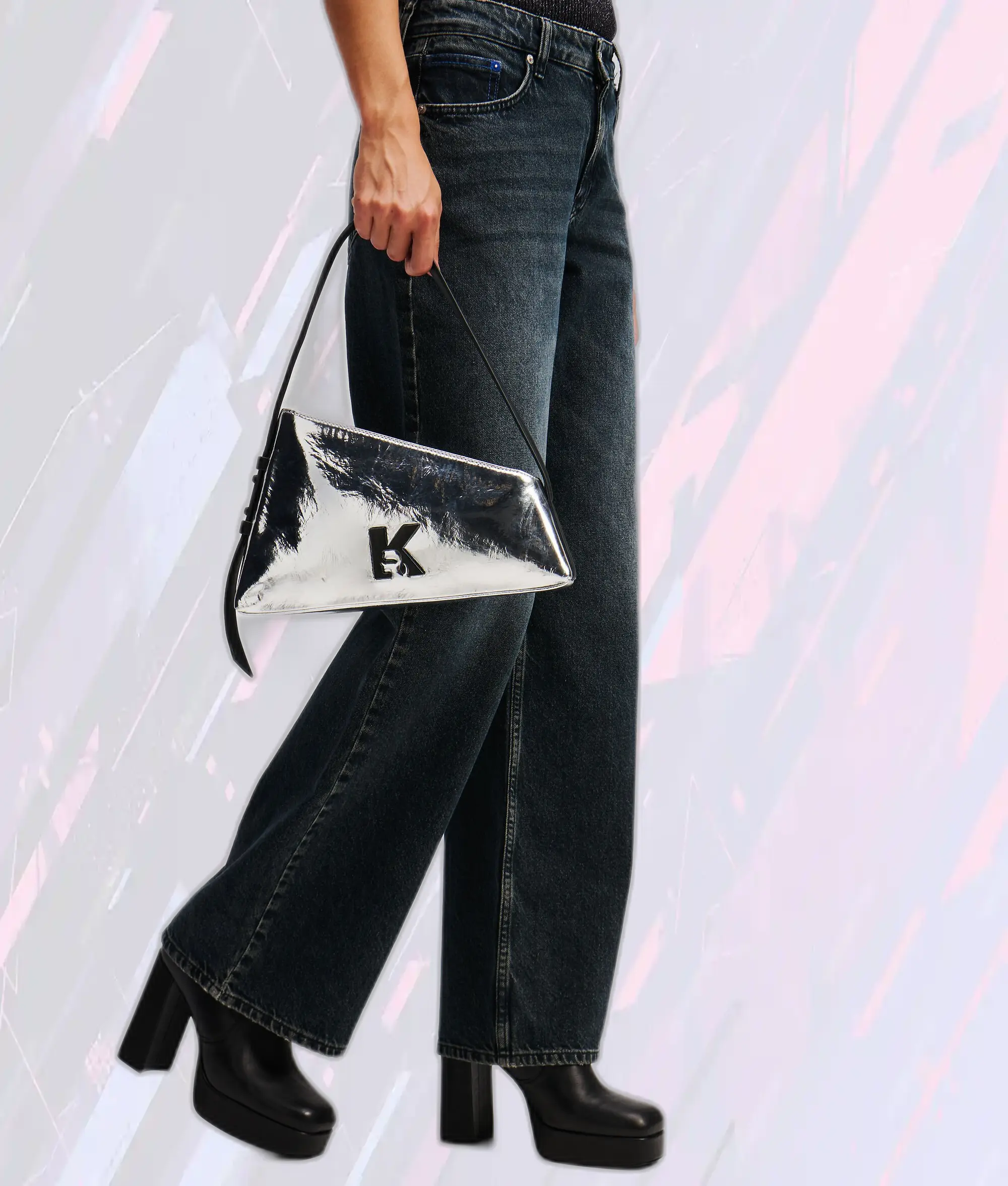 Sac Bandoulière Karl Lagerfeld en Motif Géométrique Métallisé Argenté