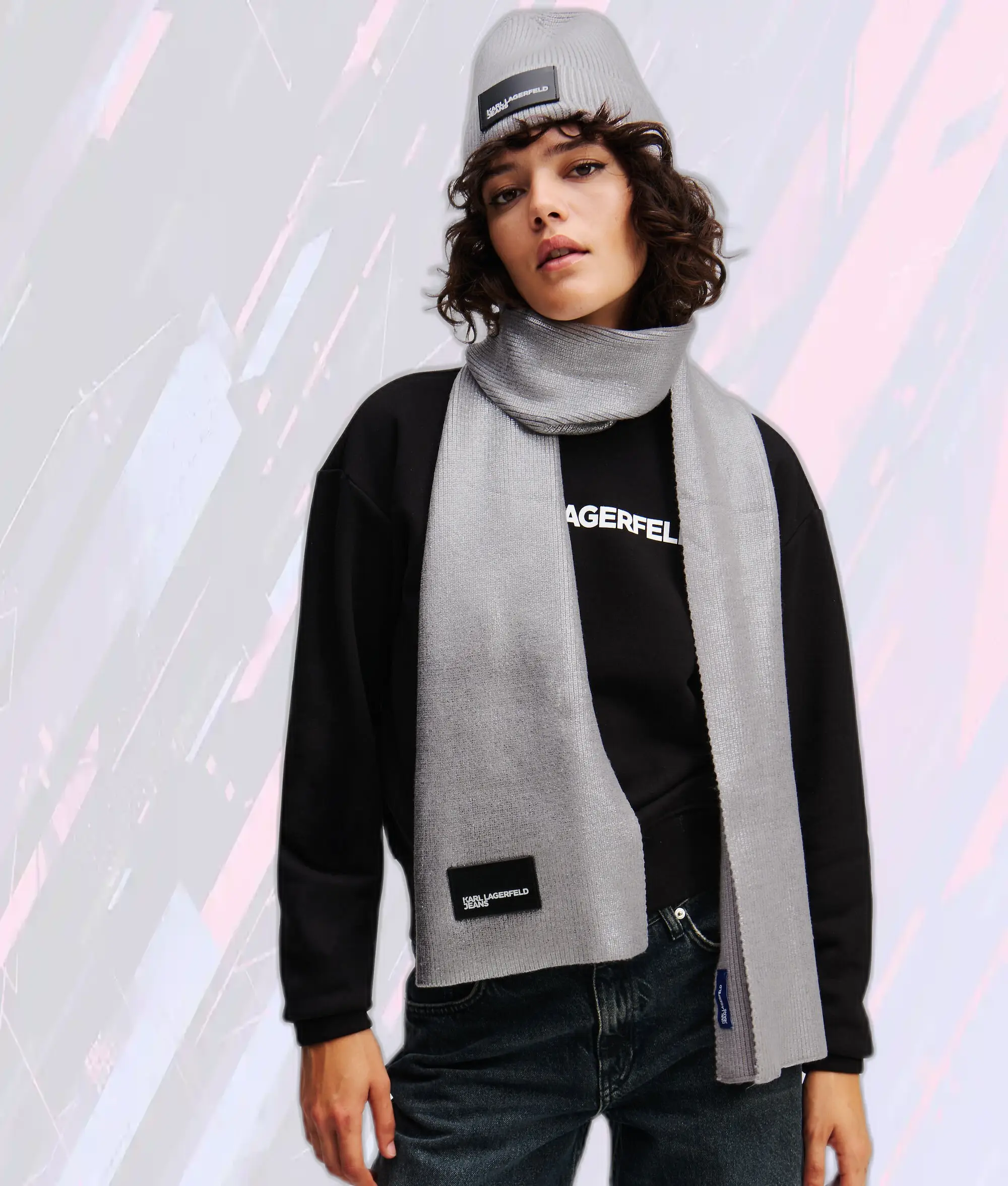 Ensemble Hiver Karl Lagerfeld - Bonnet & Écharpe Métallisés Acier en Coffret Cadeau