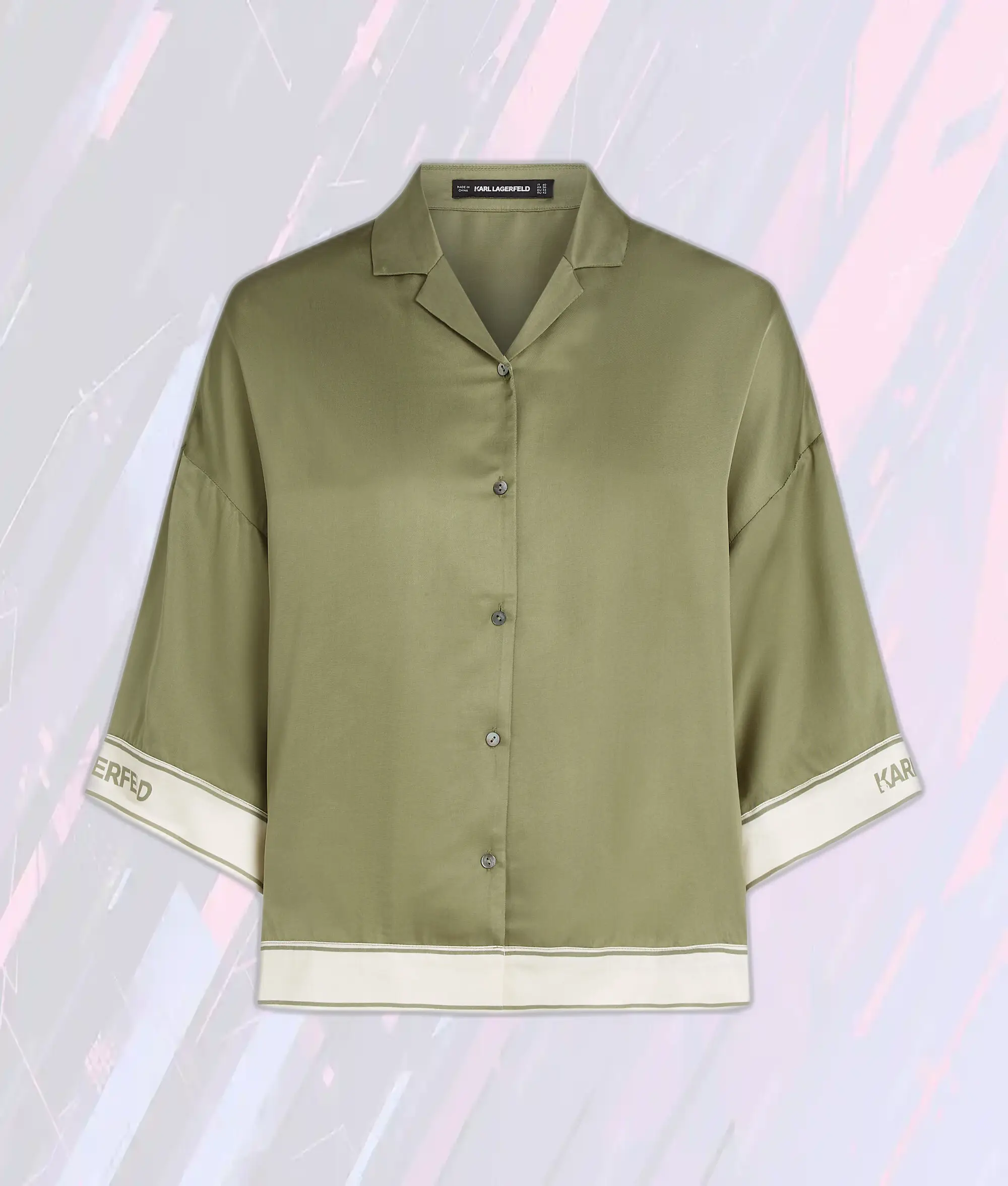 Chemisier Femme Élégant Manches Courtes Vert Pétrole - Collection Exclusive Karl Lagerfeld Printemps-Été 2024 en Soie Fluide