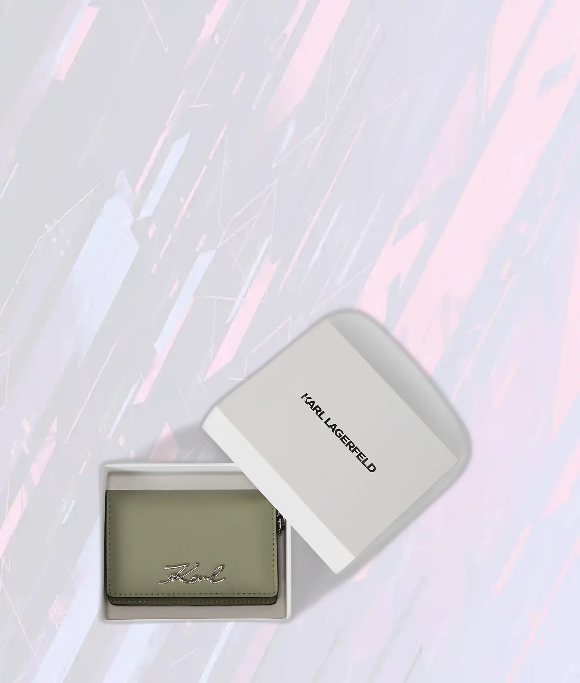 Portefeuille compact Karl Lagerfeld vert pétrole - Chaîne signature en métal - Modèle K Édition Exclusive