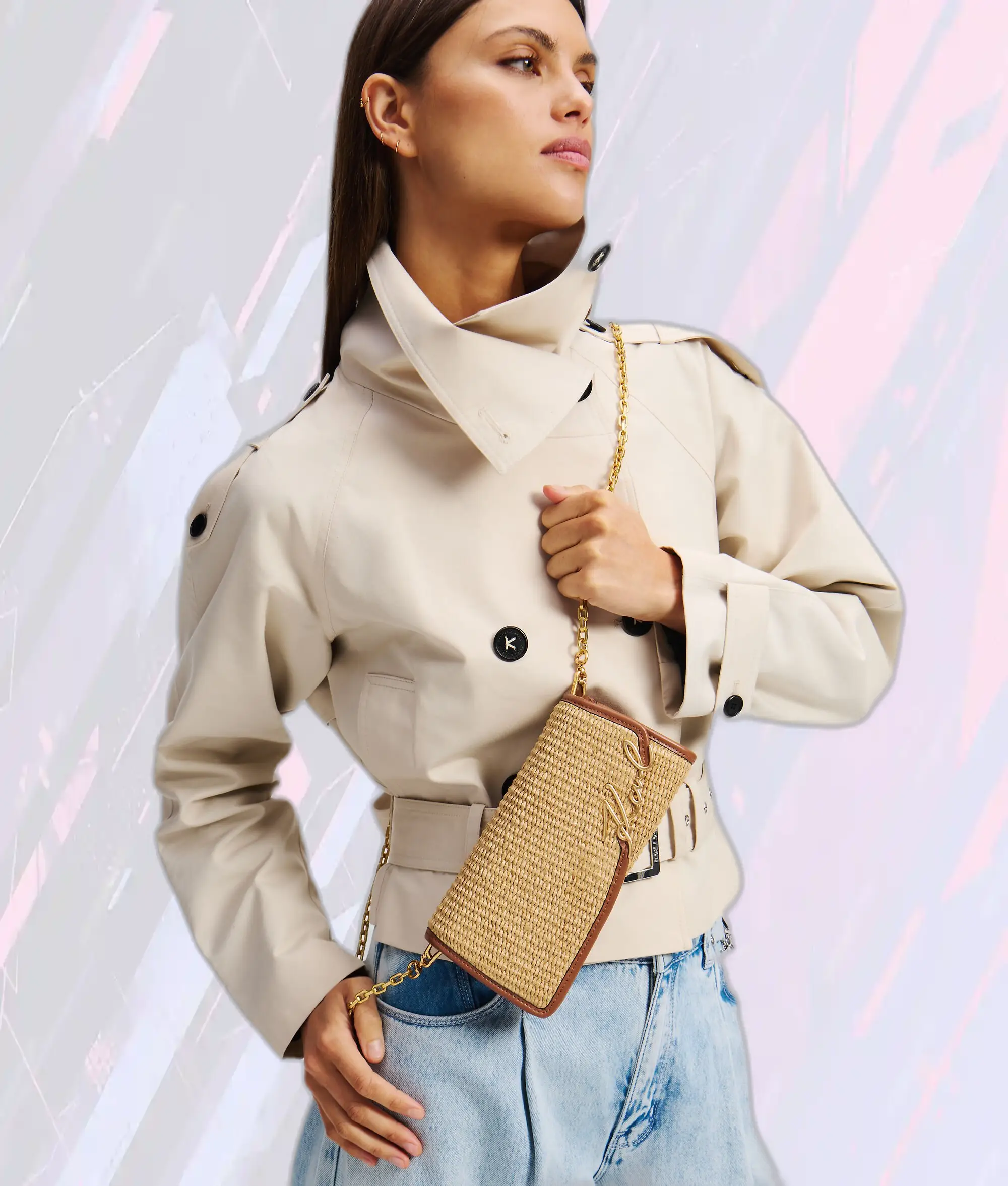 Portefeuille Bandoulière en Raffia Beige Naturel - Édition Signature Karl Lagerfeld