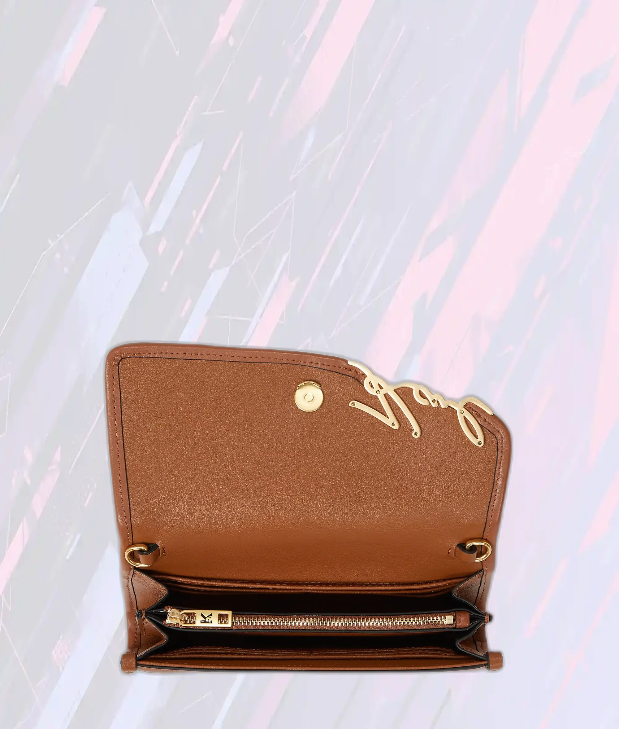 Portefeuille Bandoulière en Raffia Beige Naturel - Édition Signature Karl Lagerfeld