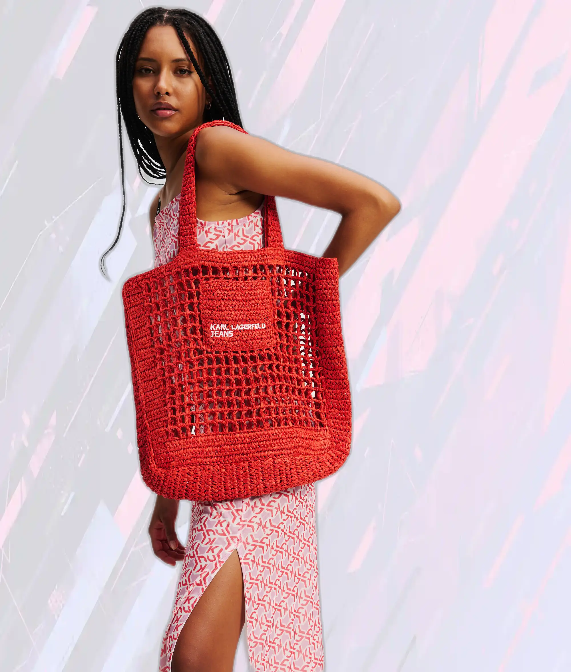Karl Lagerfeld Cabas Tressé Rafia Motif Poinciana Édition Limitée