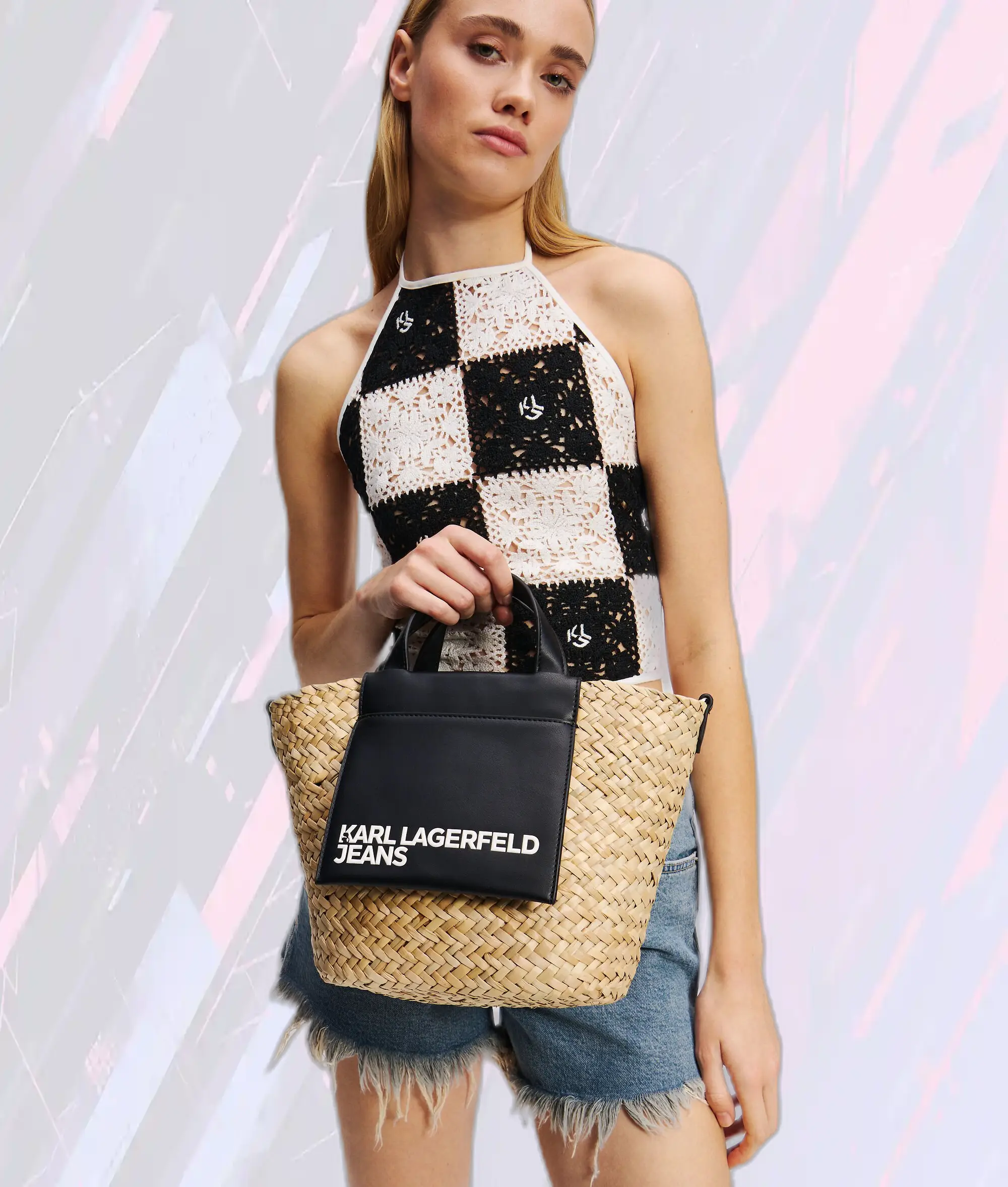 Sac Bandoulière Mini en Rafia Naturel & Noir - Édition Karl Lagerfeld