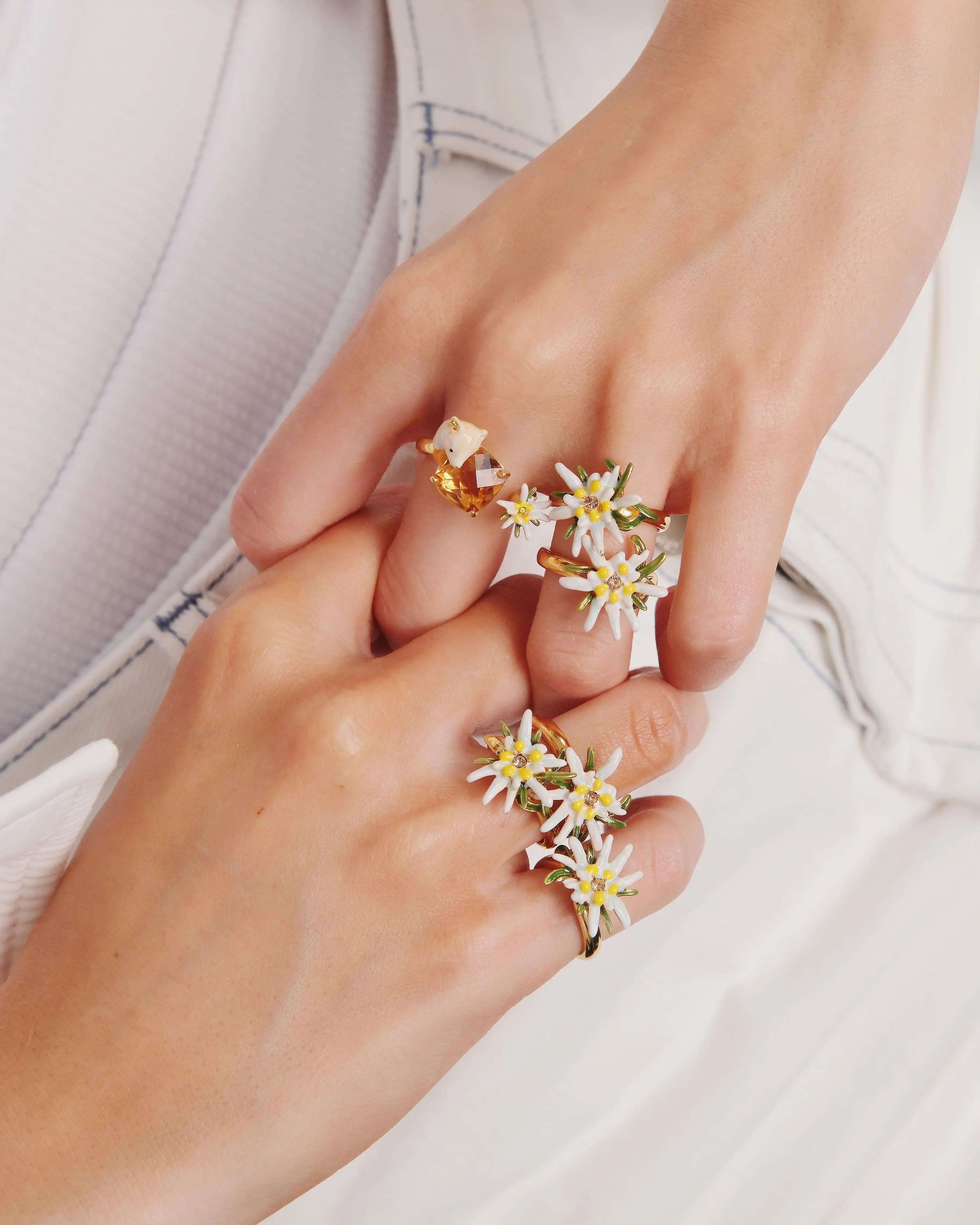Les Néréides Bague Élégante à Taille Réglable - Motif Florale Edelweiss Artisanal