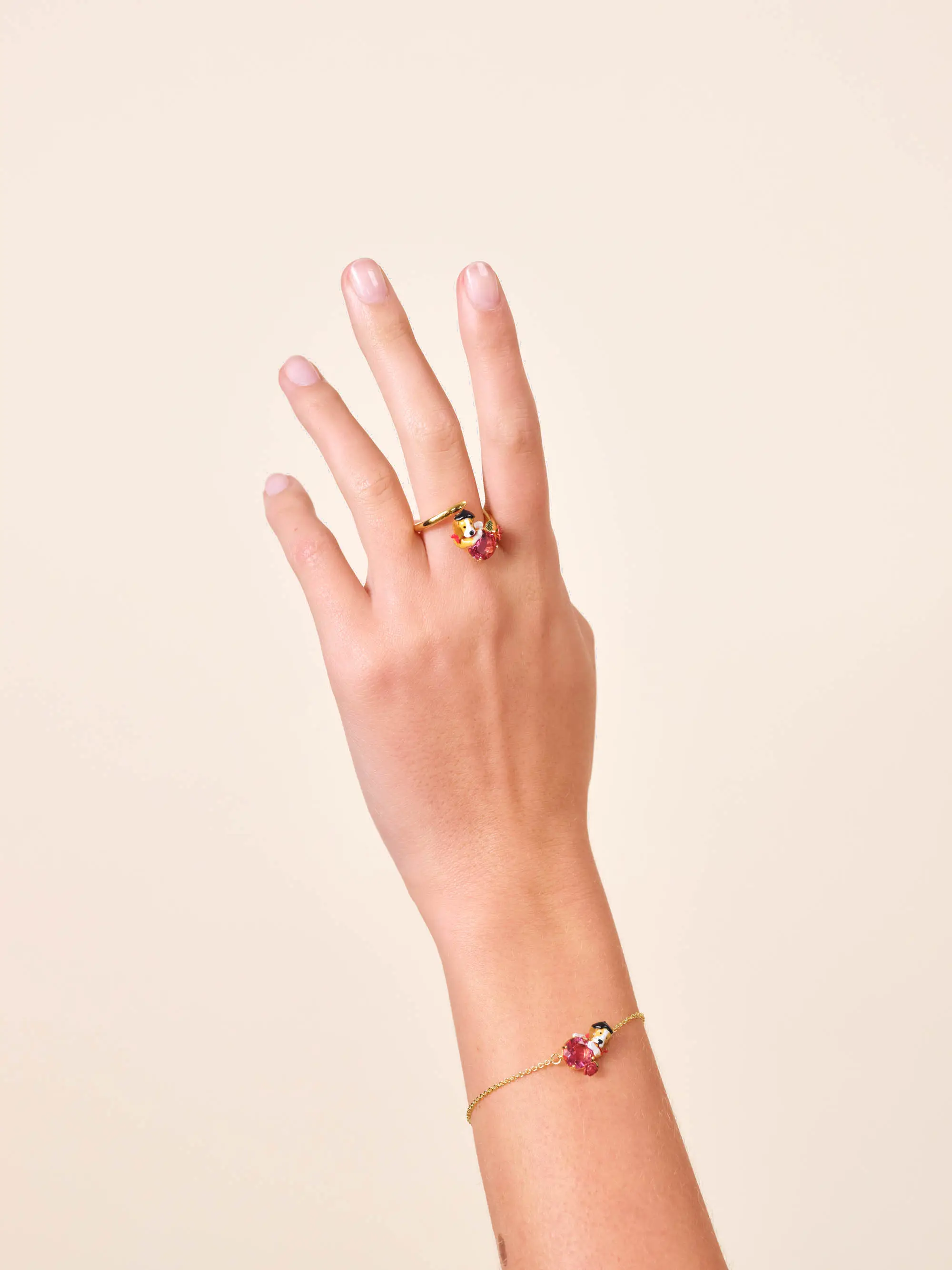 Bague réglable motif Beagle avec cristal facetté rosé - Collection Les Néréides