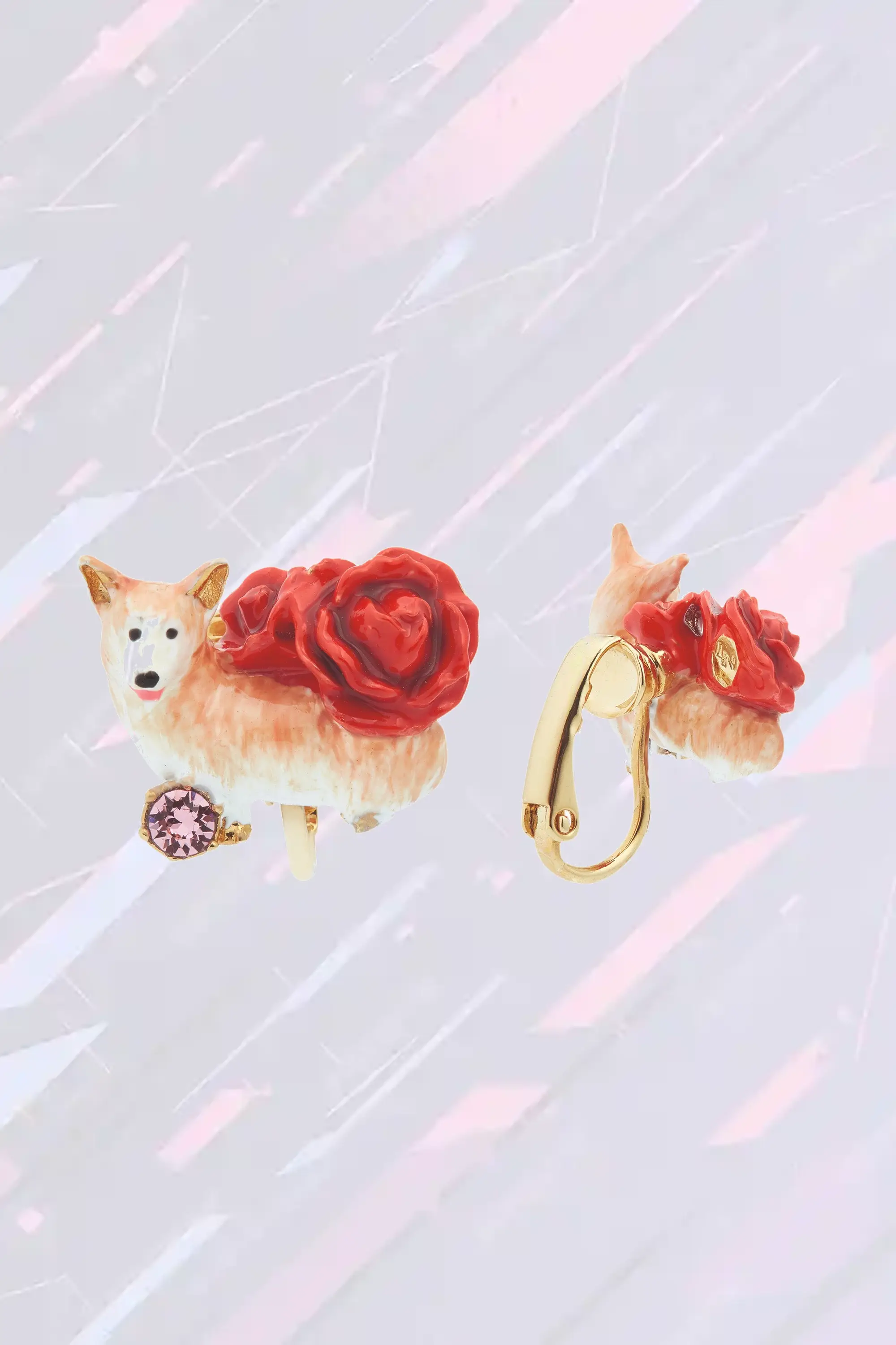Boucles d'oreilles créatives à tige en argent - Chiot corgi et rubis nacré