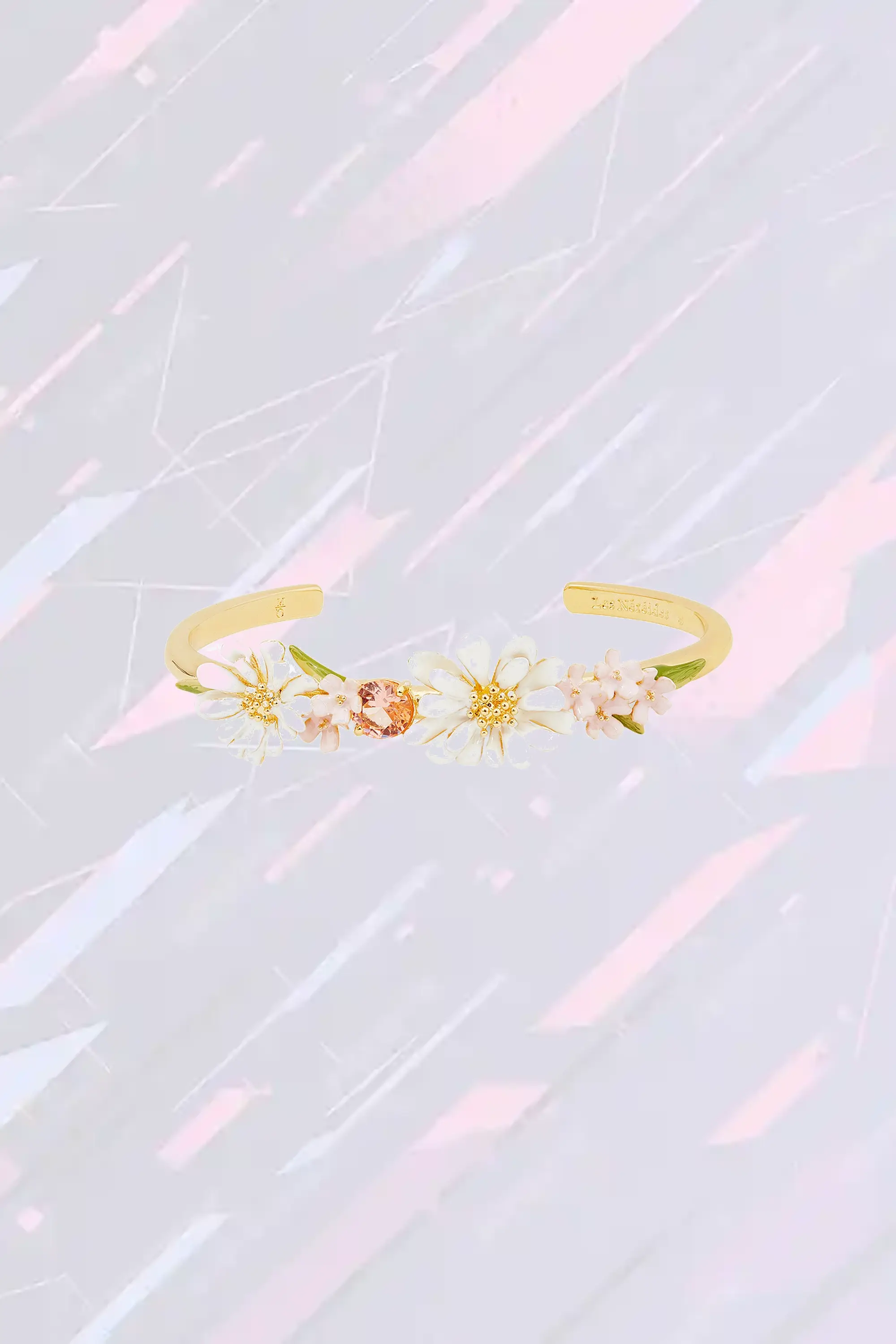 Bracelet manchette élégant motif floral émaillé serti d'un cabochon de cristal - Création artisanale Les Néréides