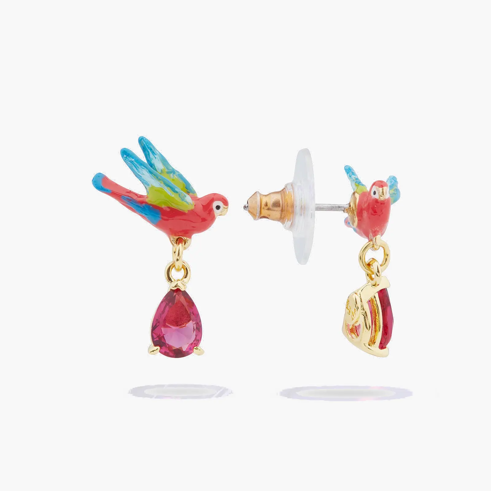 Boucles d'oreilles pendentifs à tige avec motif perroquet exotique et cristal taillé - Création Les Néréides