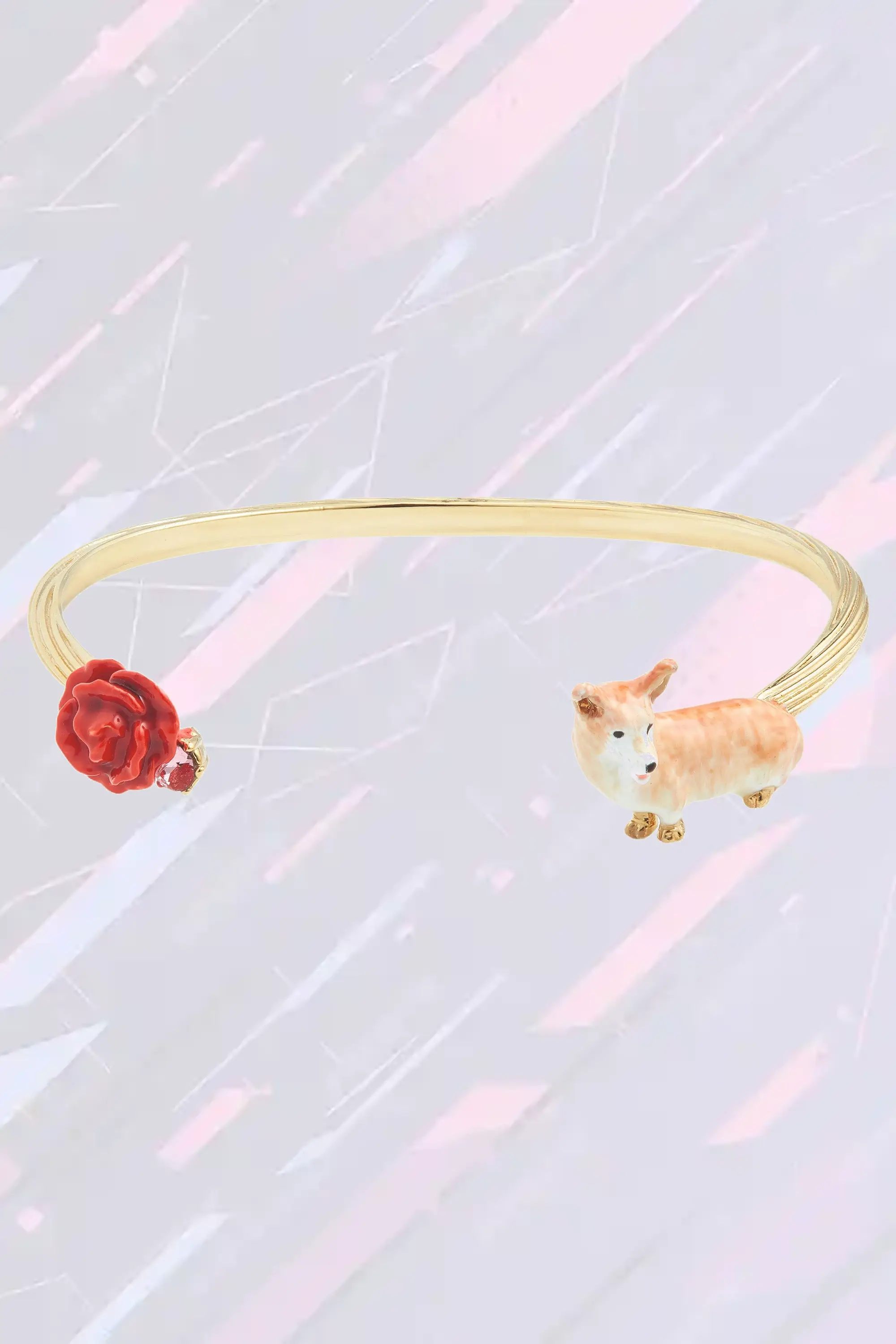 Bracelet rigide Les Néréides Paris - Chien Corgi mignon orné de pétales aux nuances de rose vif