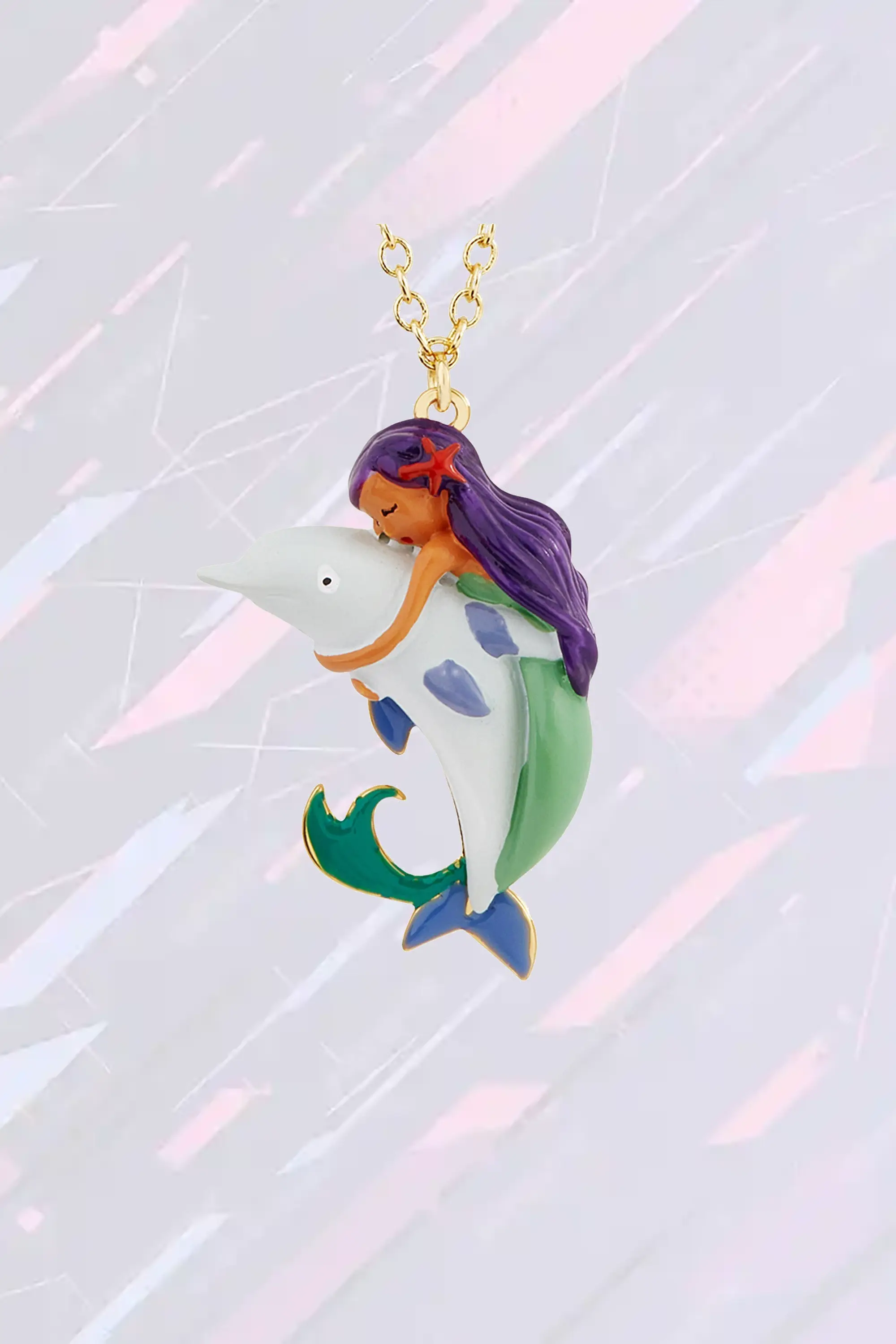 Pendentif marin féerique en argent serti d'une sirène et d'un dauphin - Création Les Néréides