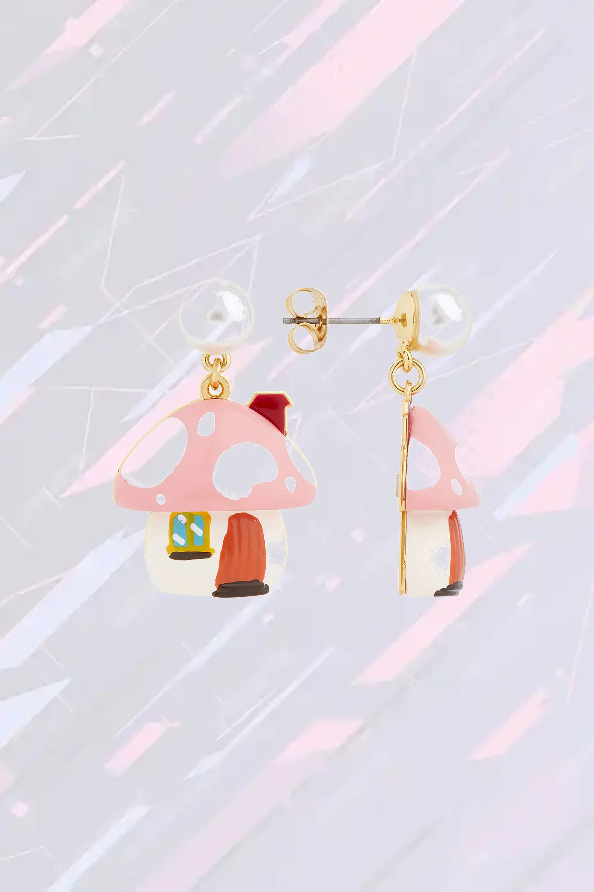 Boucles d'oreilles fantaisie cabane de champignons - Création artisanale Les Néréides Écrin féerique : boucles champignon-maison en résine colorée - Néréides Paris 