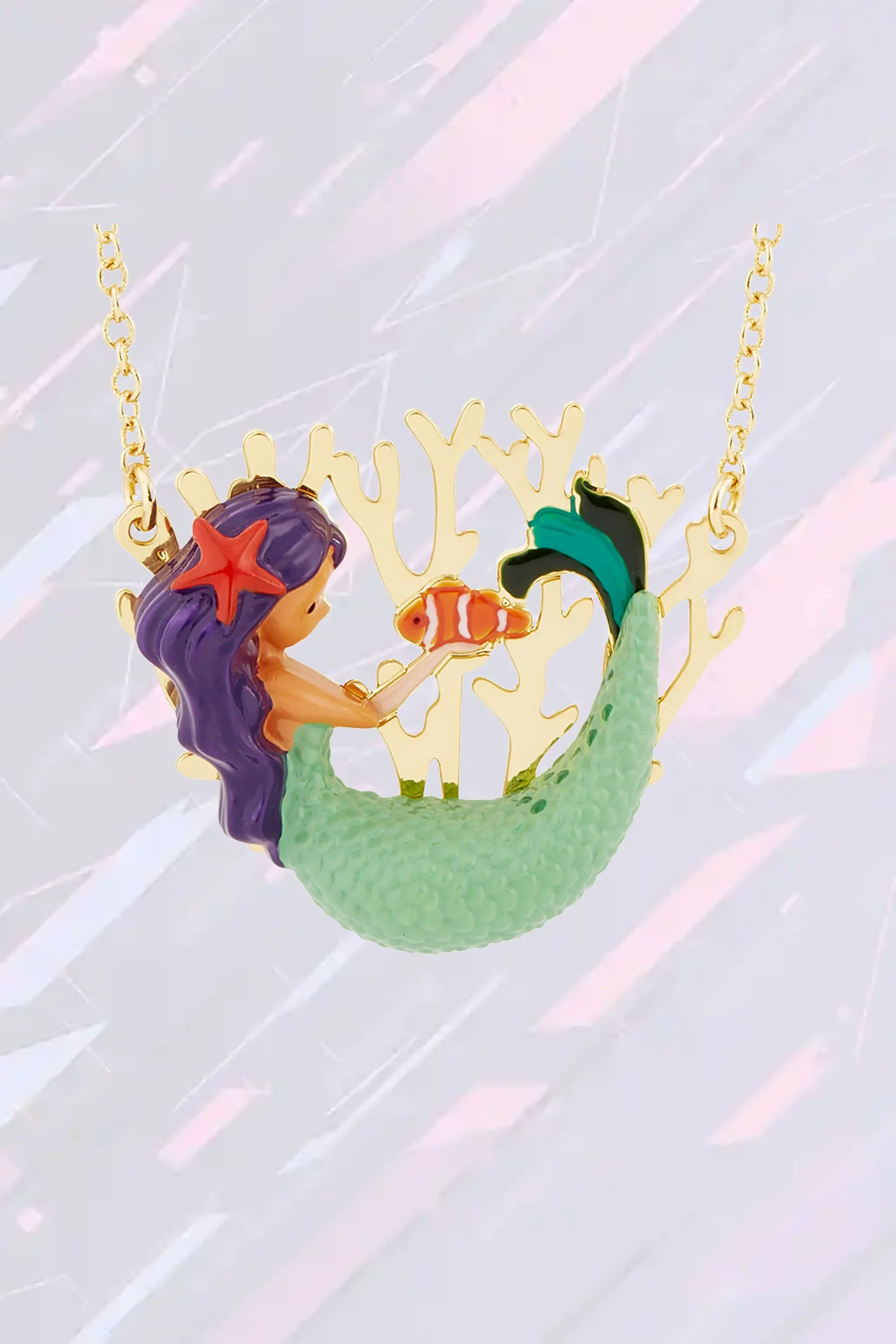 Les Néréides - Pendentif Élégant en Forme de Sirène avec Motif Corail Doré