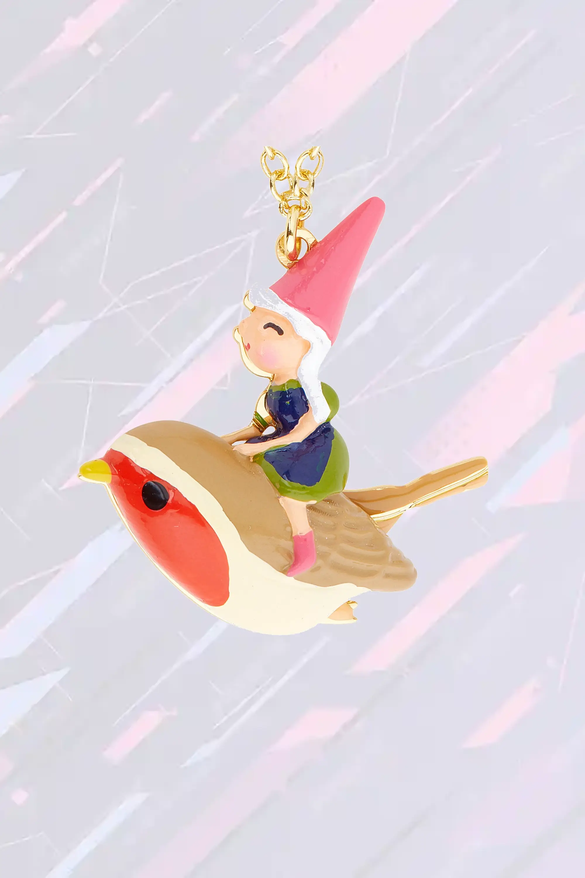 Collier féerique Les Néréides - Pendentif voyage aérien avec lutin jardinier et oiseau enchanteur