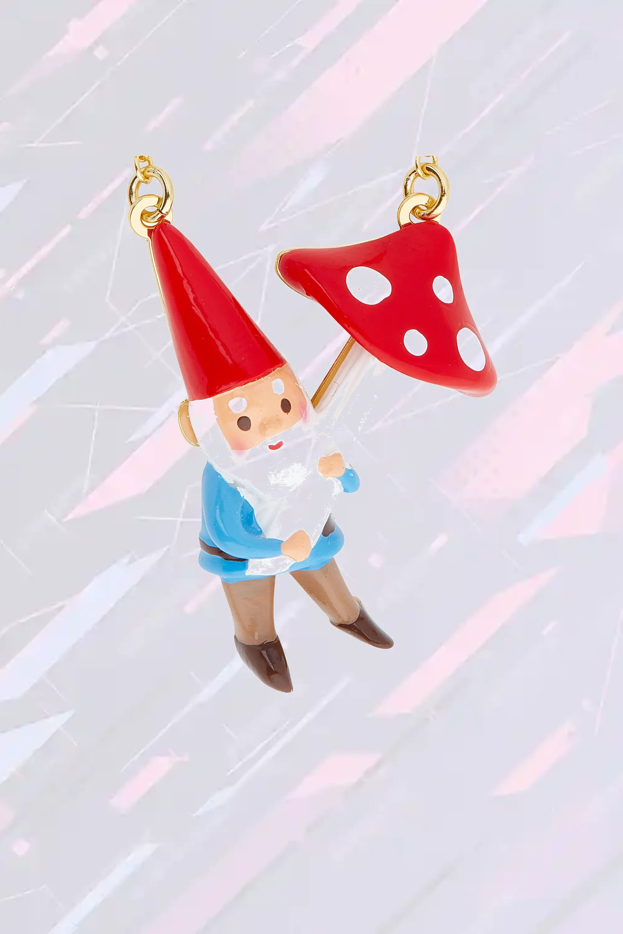Collier pendentif Les Néréides : Nain de jardin enchanteur et champignon féérique en métal émaillé