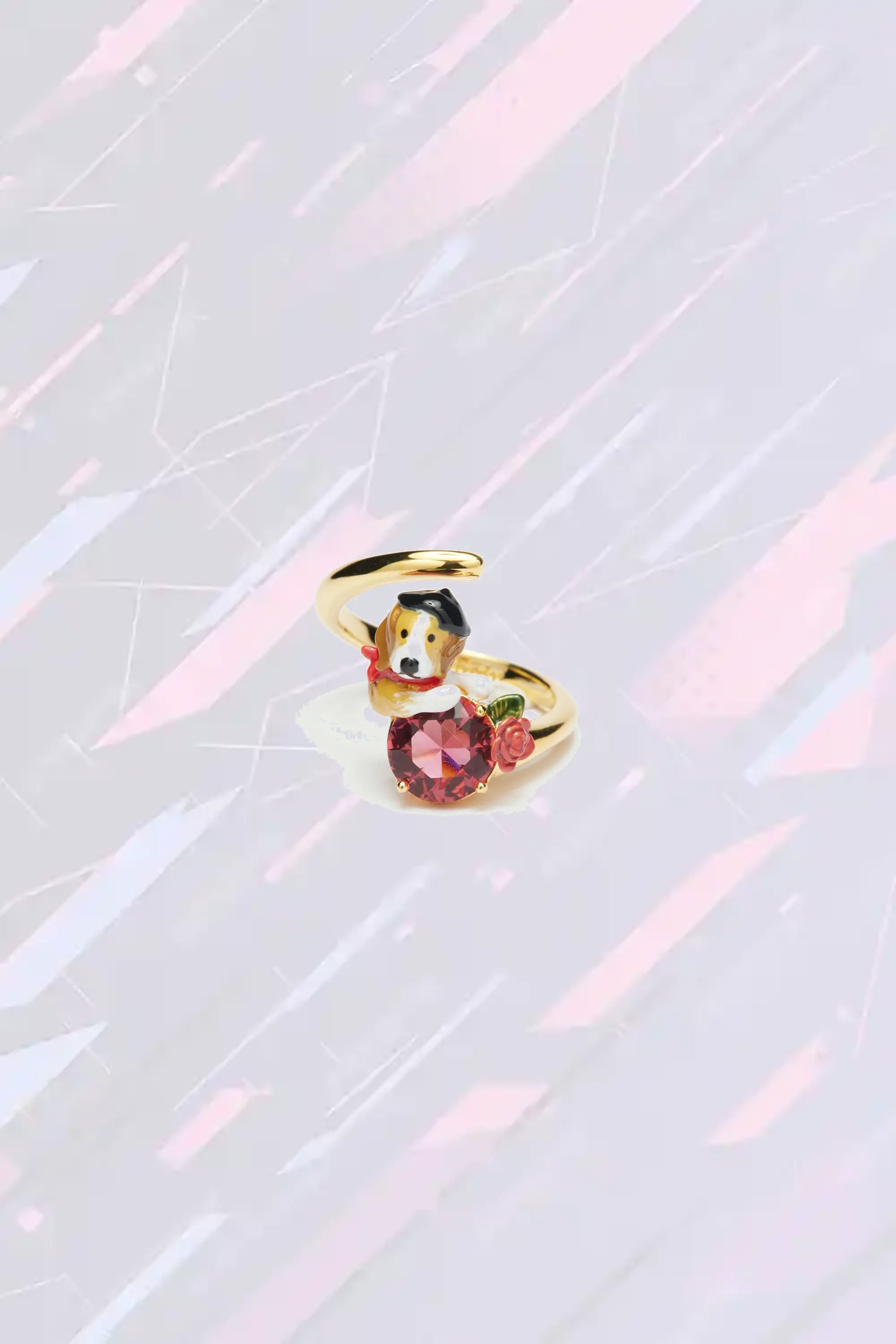 Bague réglable motif Beagle avec cristal facetté rosé - Collection Les Néréides