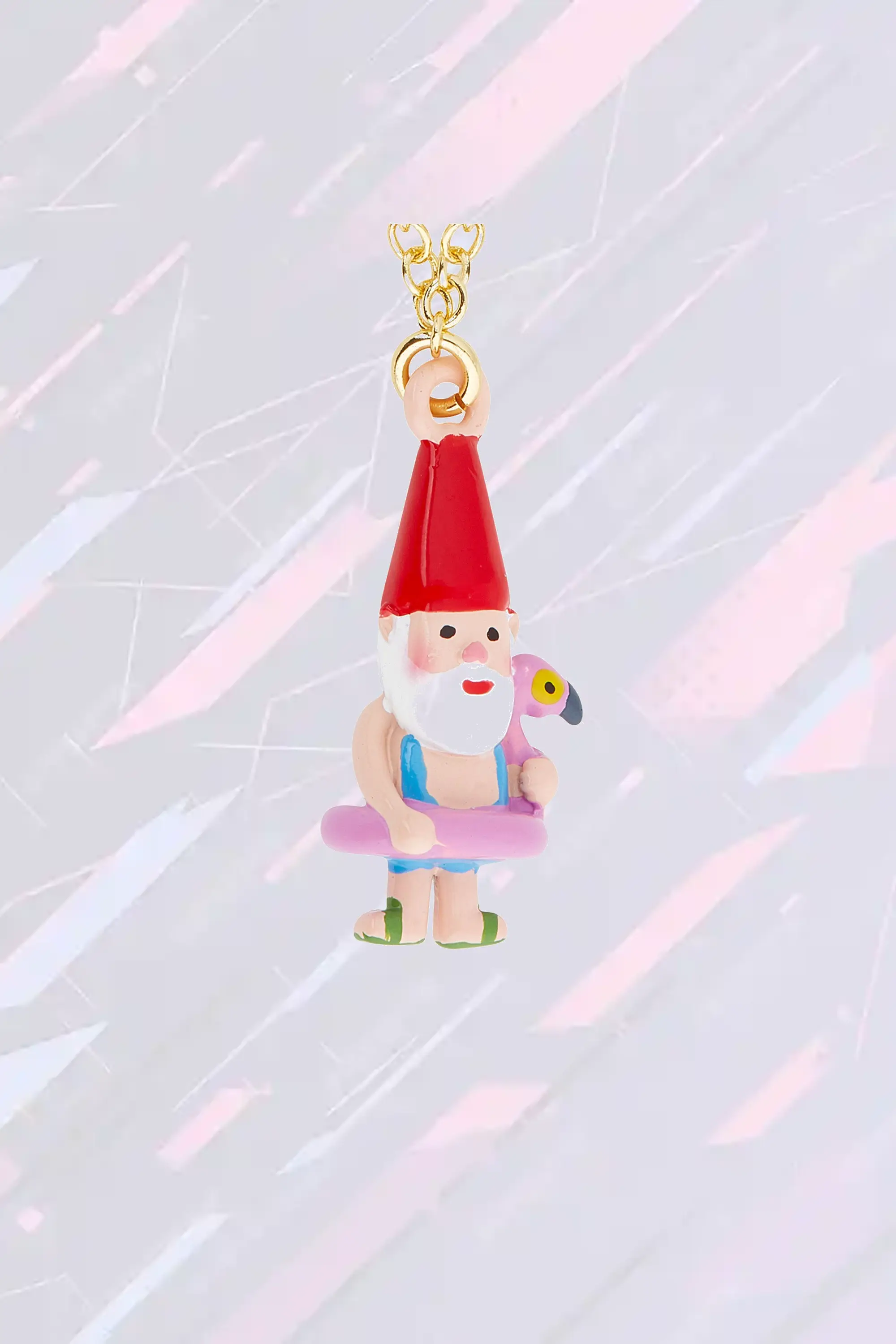 Les Néréides Pendentif Médaillon Créatif avec Nain de Jardin Féerique et Détail Flamant Rose Tropical en Bouée Émaillée