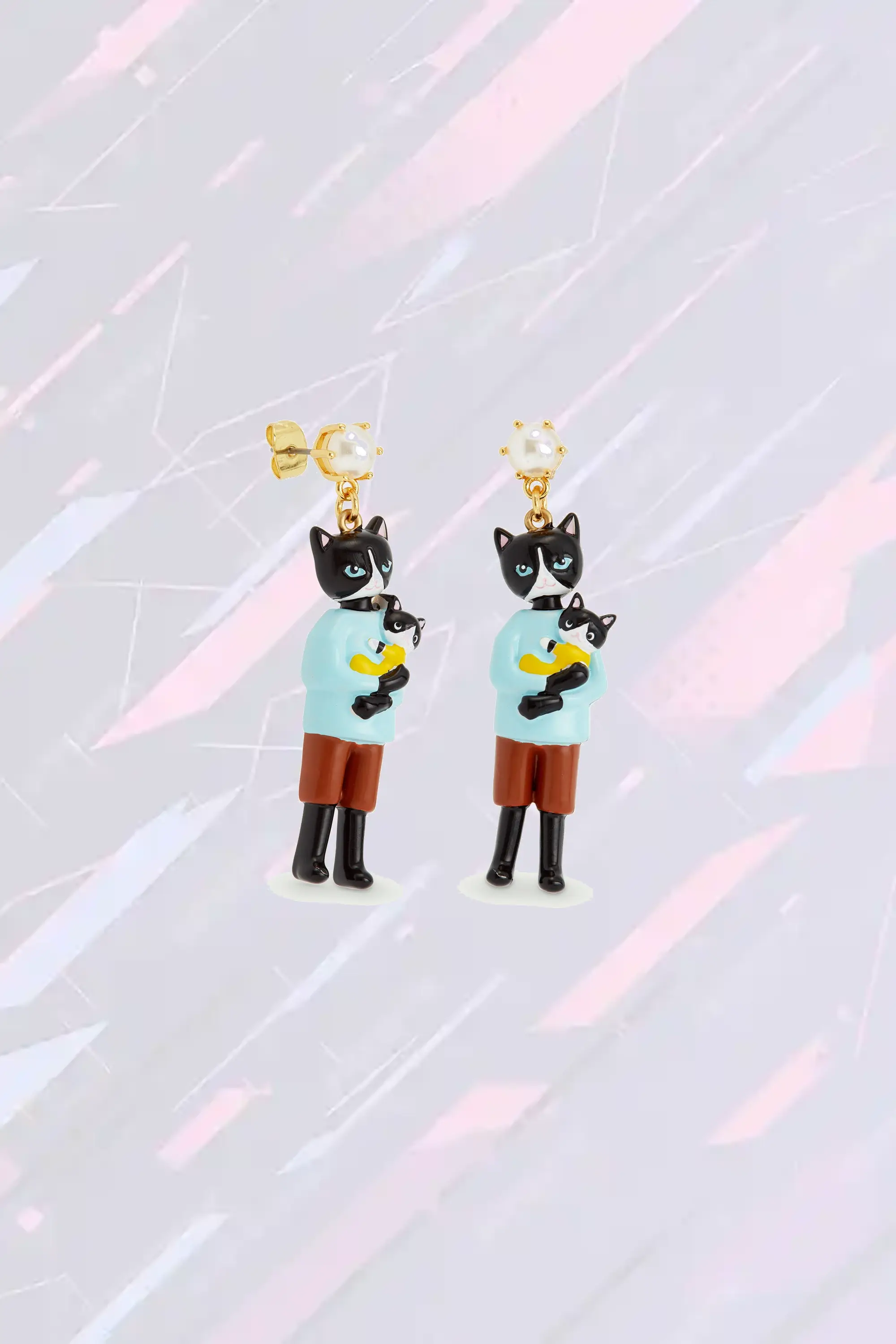 Boucles d'oreilles longues Les Néréides - Duo félin mère et petit en résine peinte