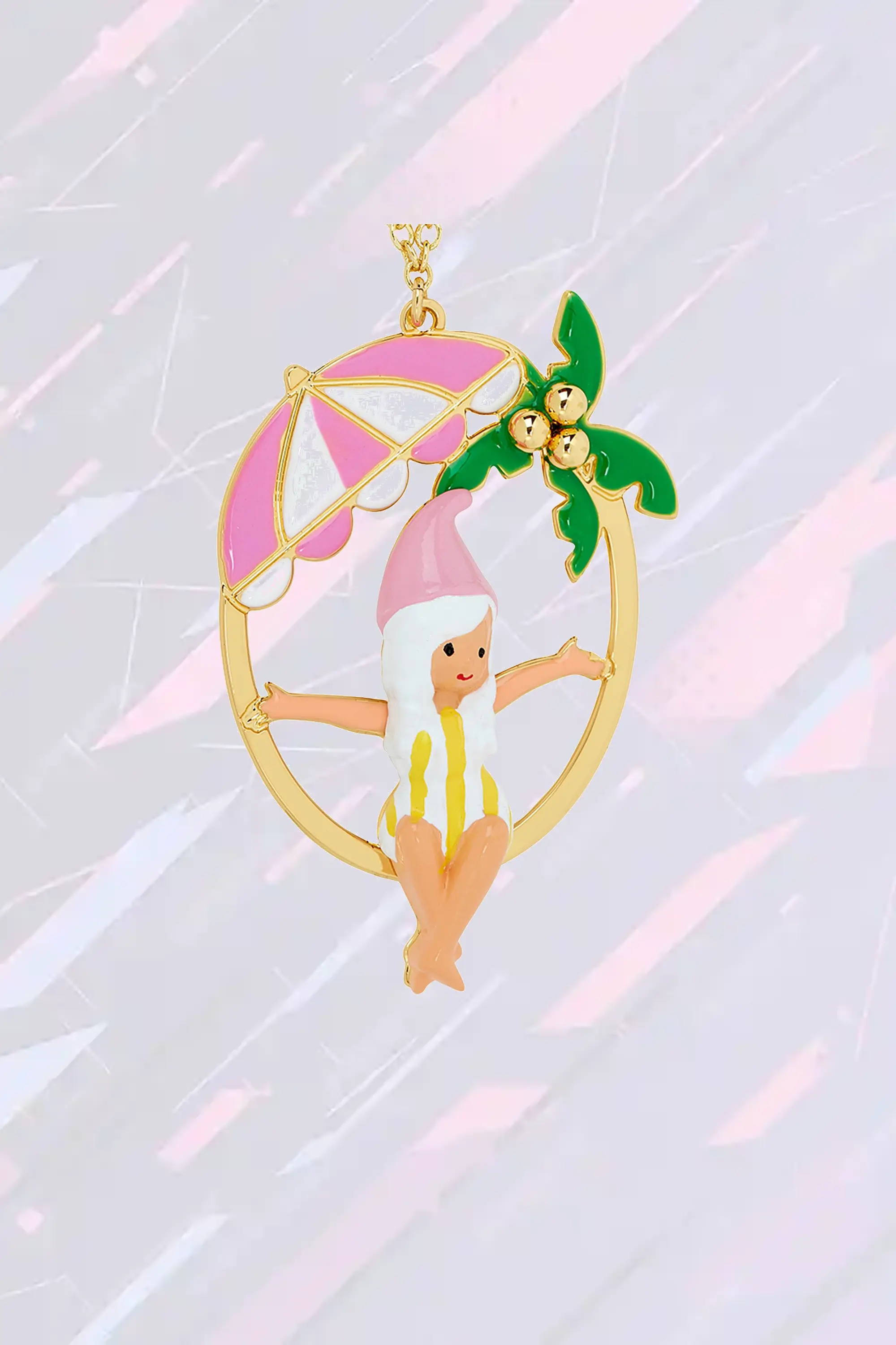 Les Néréides - Collier fantaisie orné d'une naine, parasol et feuilles de palmier - Pendentif estival enchanteur