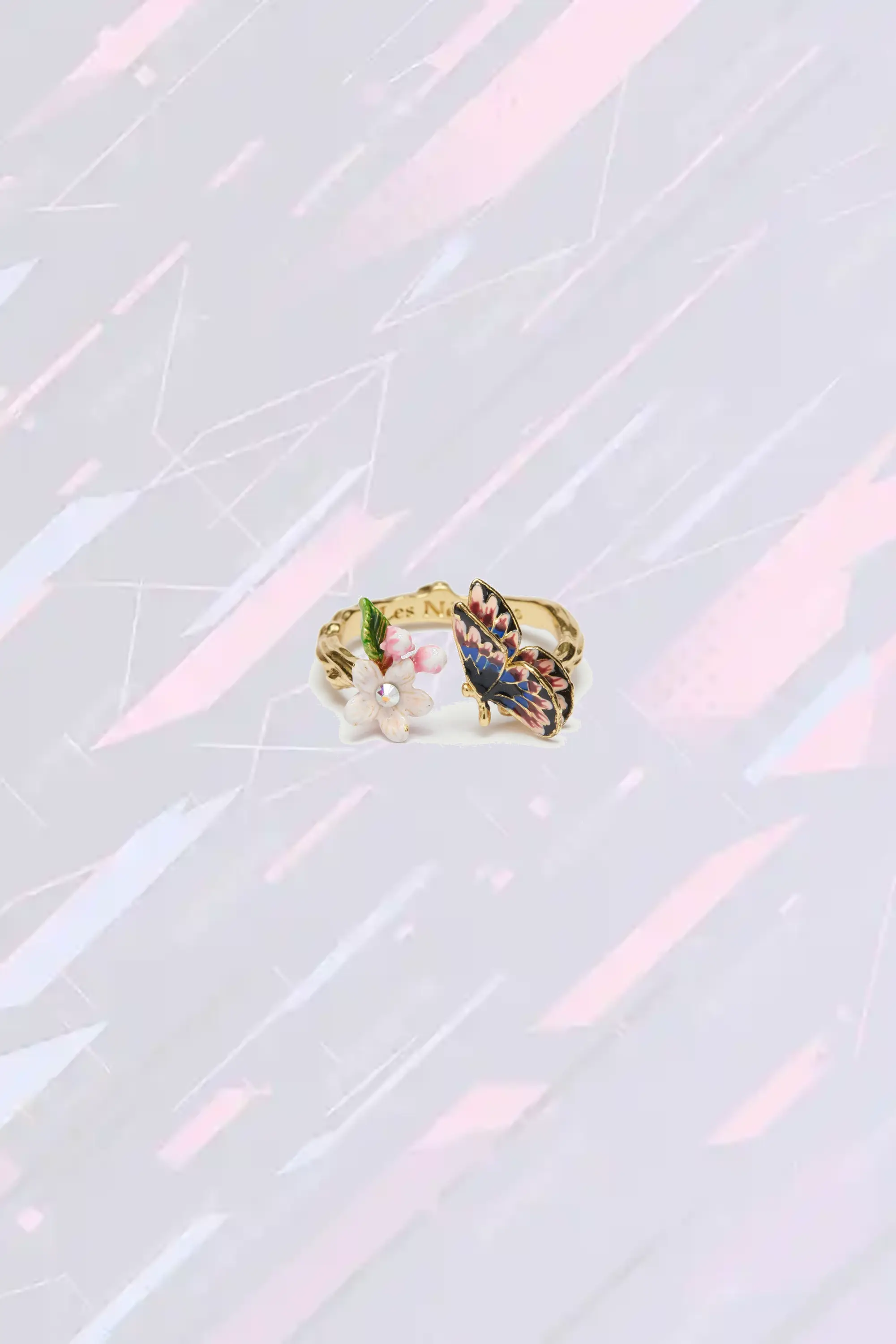Bague Réglable Les Néréides - Papillon Japonais et Floraison de Cerisier en Émail Printanière