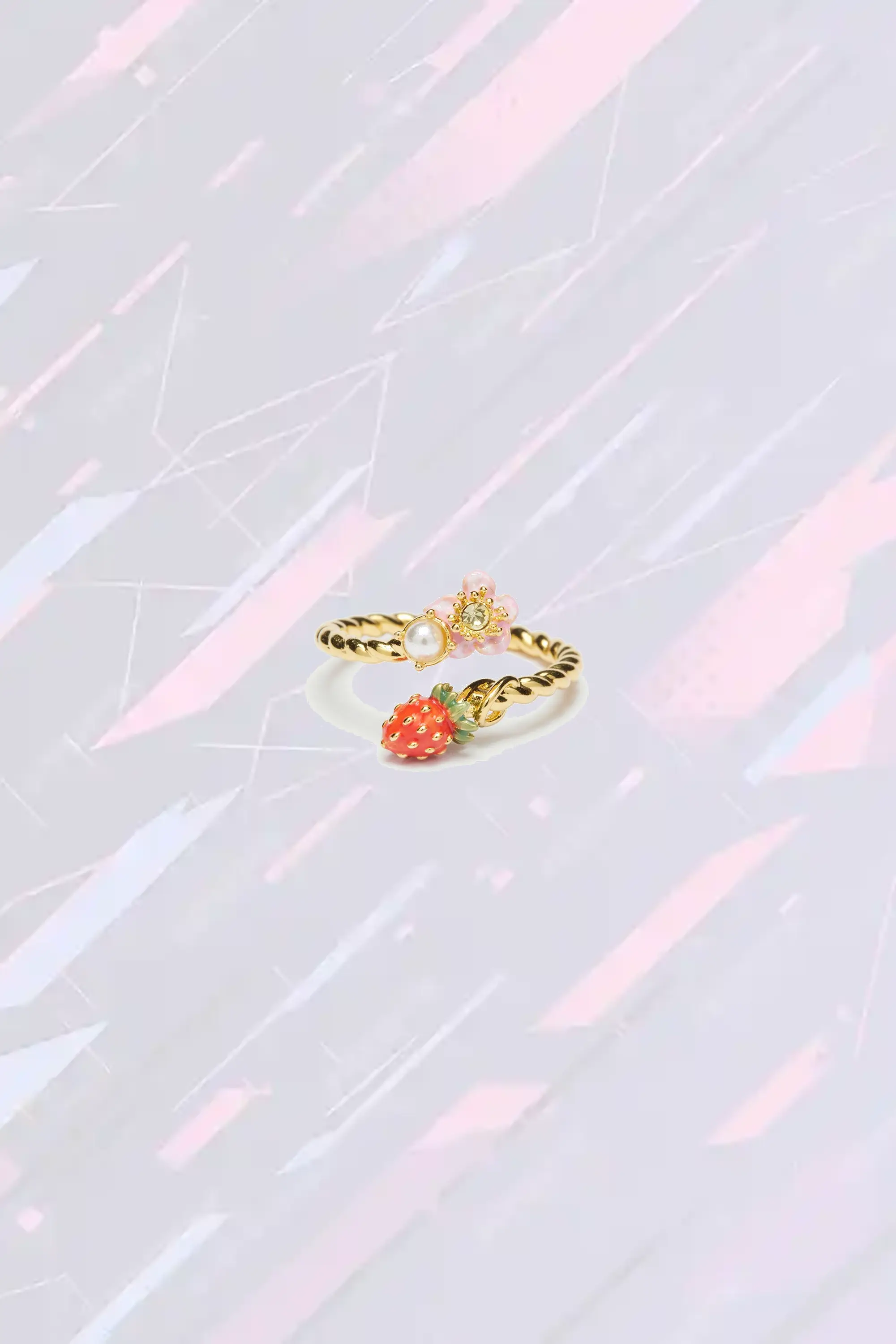 Bague Les Néréides réglable - Motif floral champêtre avec fraisiers et roses anciennes