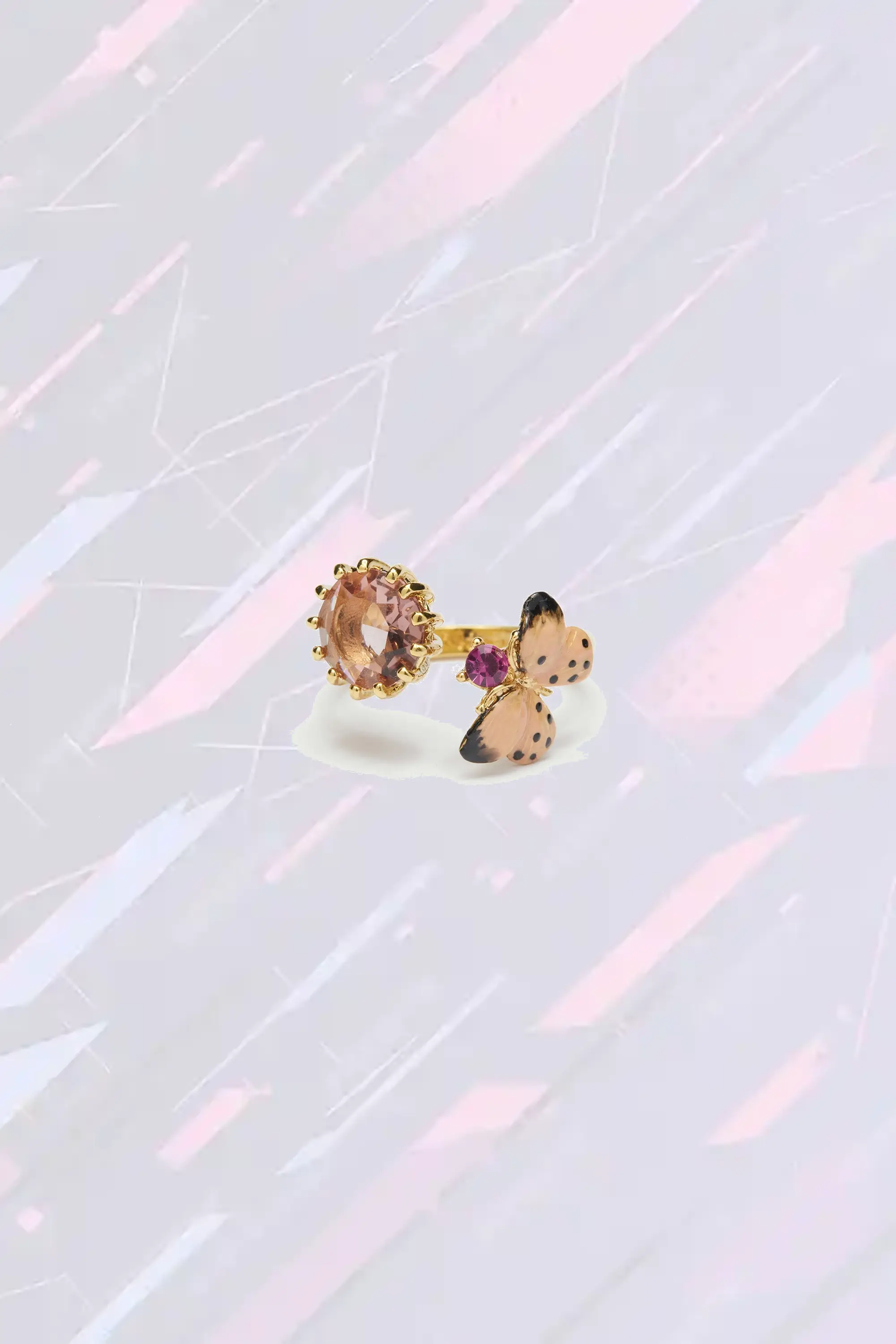 Bague duo papillon ajustable en argent serti de cristaux ronds - Création symbiotique Les Néréides