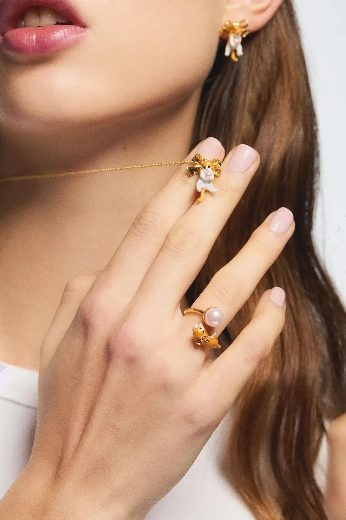 Collier féminin chat roux avec ruban doré - Pendentif Les Néréides