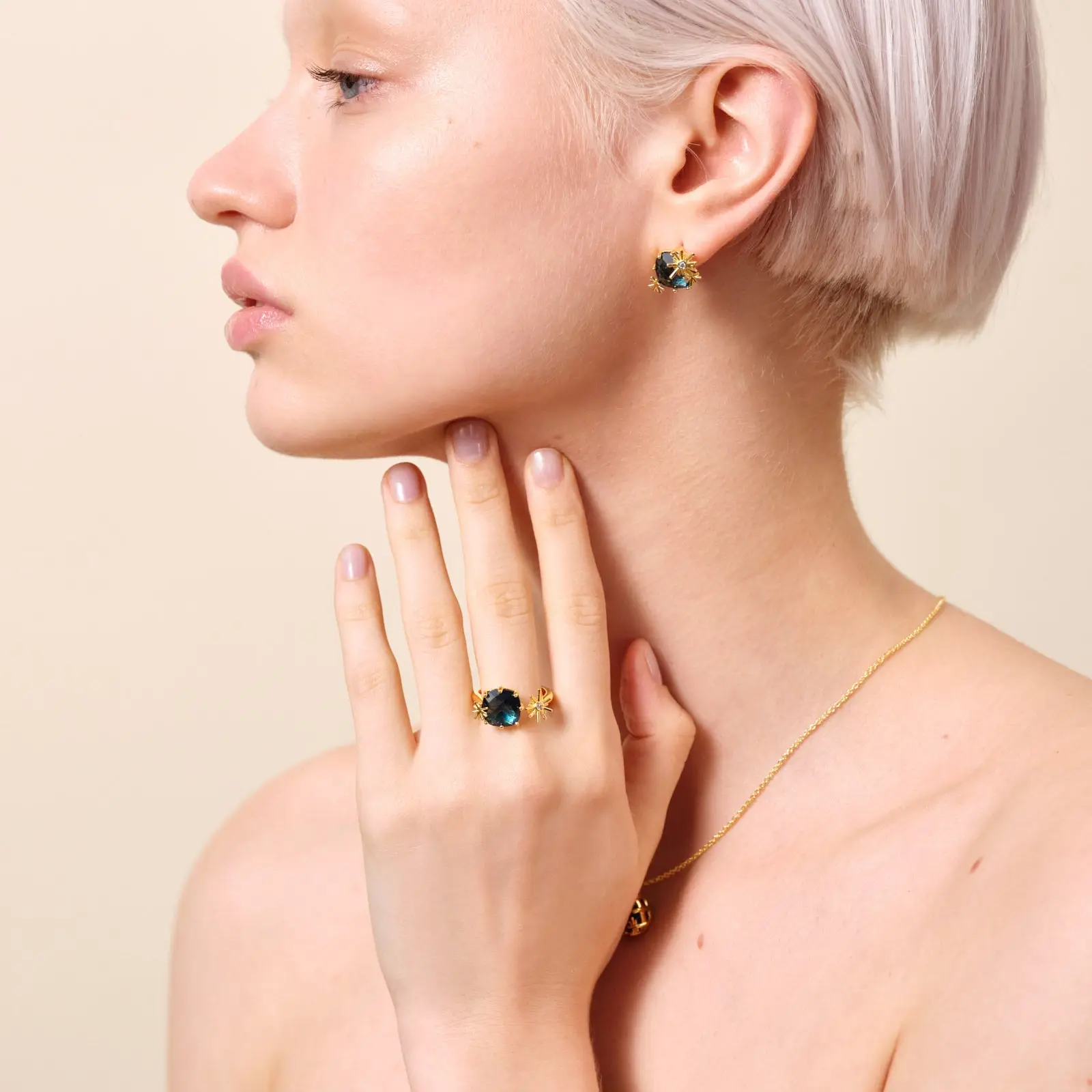 Bague Toi & Moi réglable avec étoiles scintillantes et pierre précieuse carrée - Création élégante Les Néréides