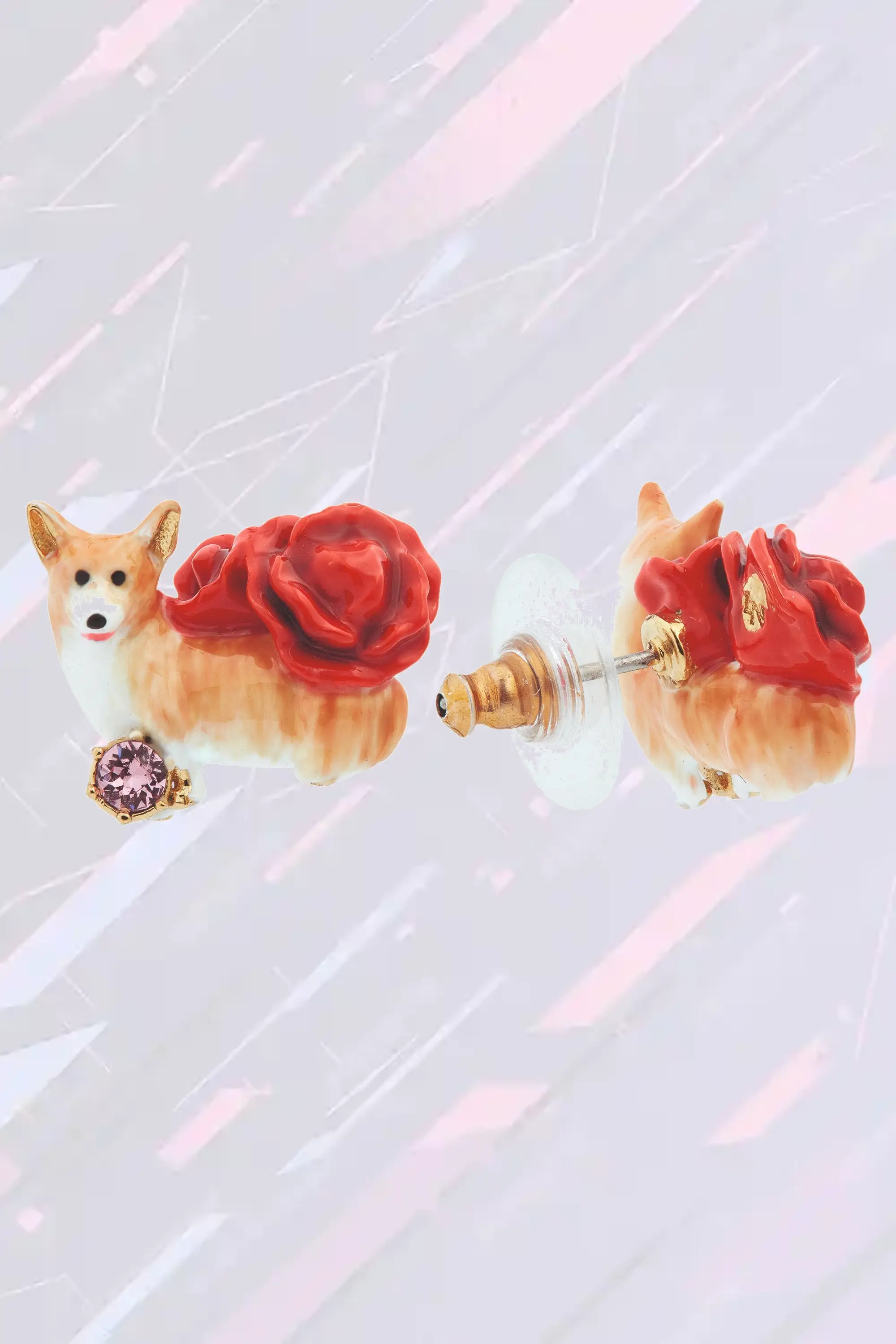 Boucles d'oreilles créatives à tige en argent - Chiot corgi et rubis nacré