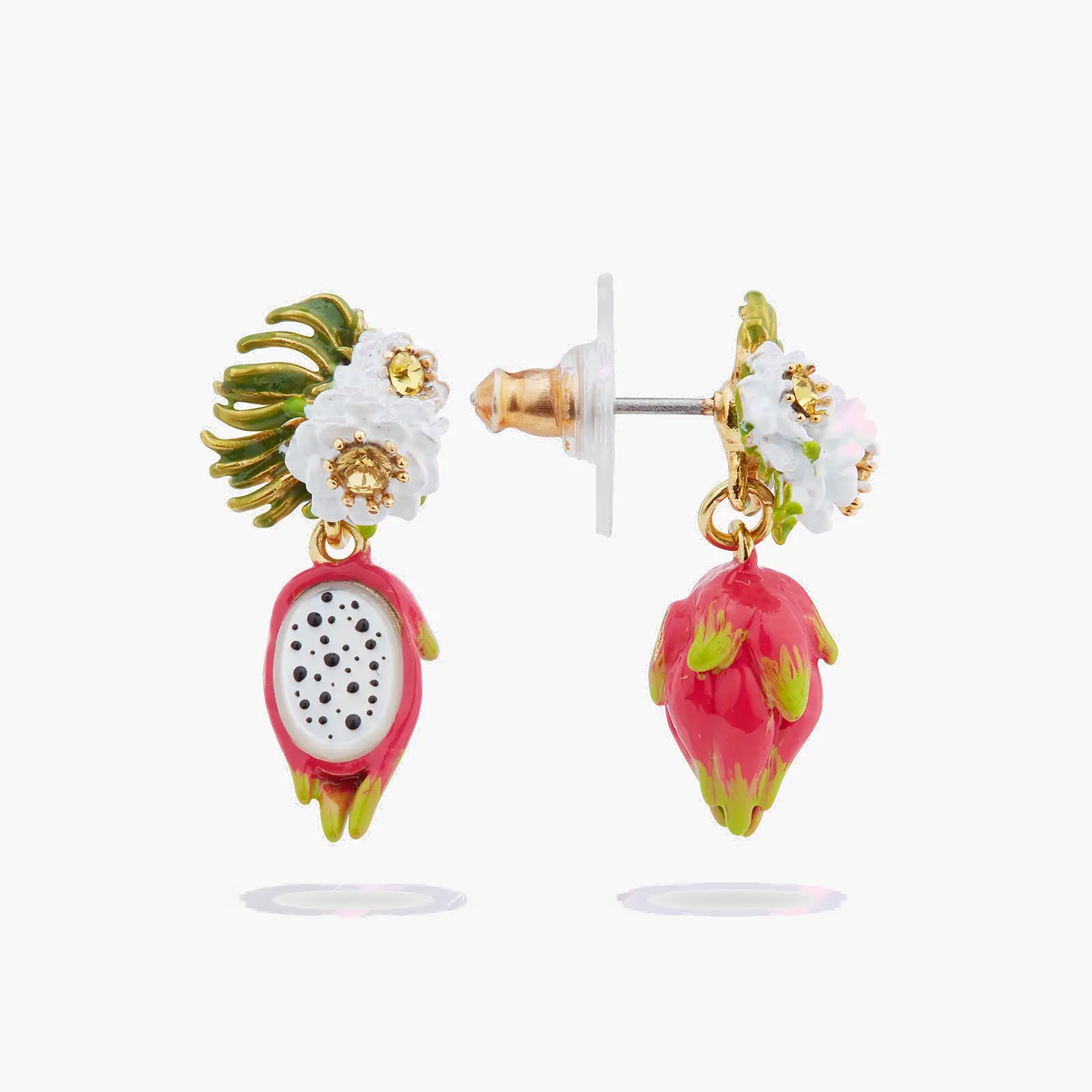 Boucles artisanales Néréides aux motifs exotiques : dragonnier en fleur et pitaya suspendu