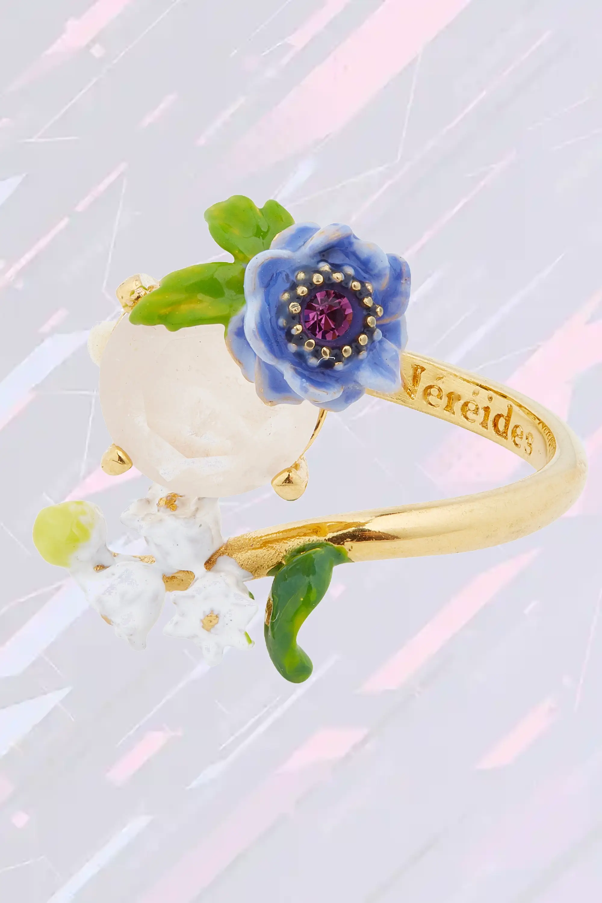 Bague modulable Néréides en quartz rosé ornée de motifs botaniques