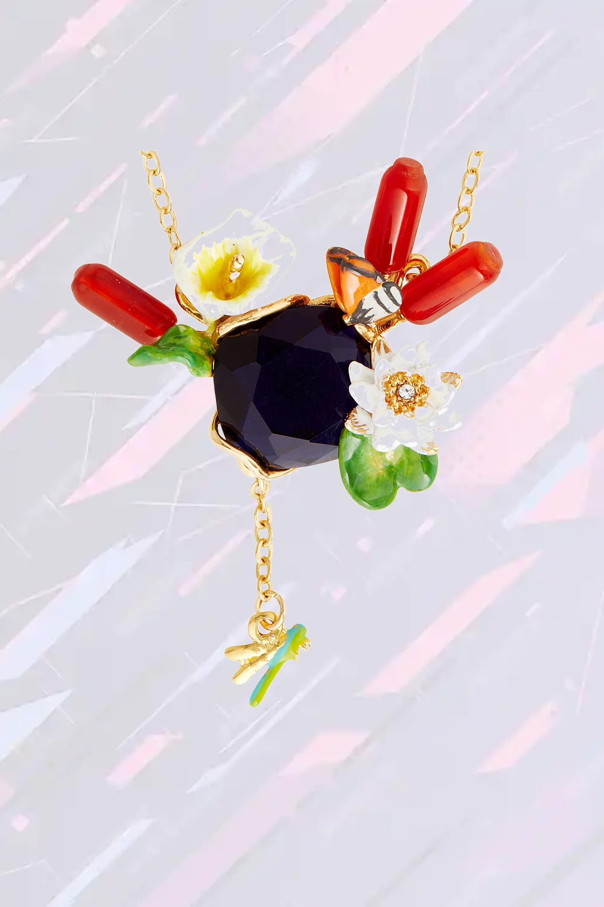Collier plaque floral inspiré de Giverny avec pierre semi-précieuse bleue - Les Néréides